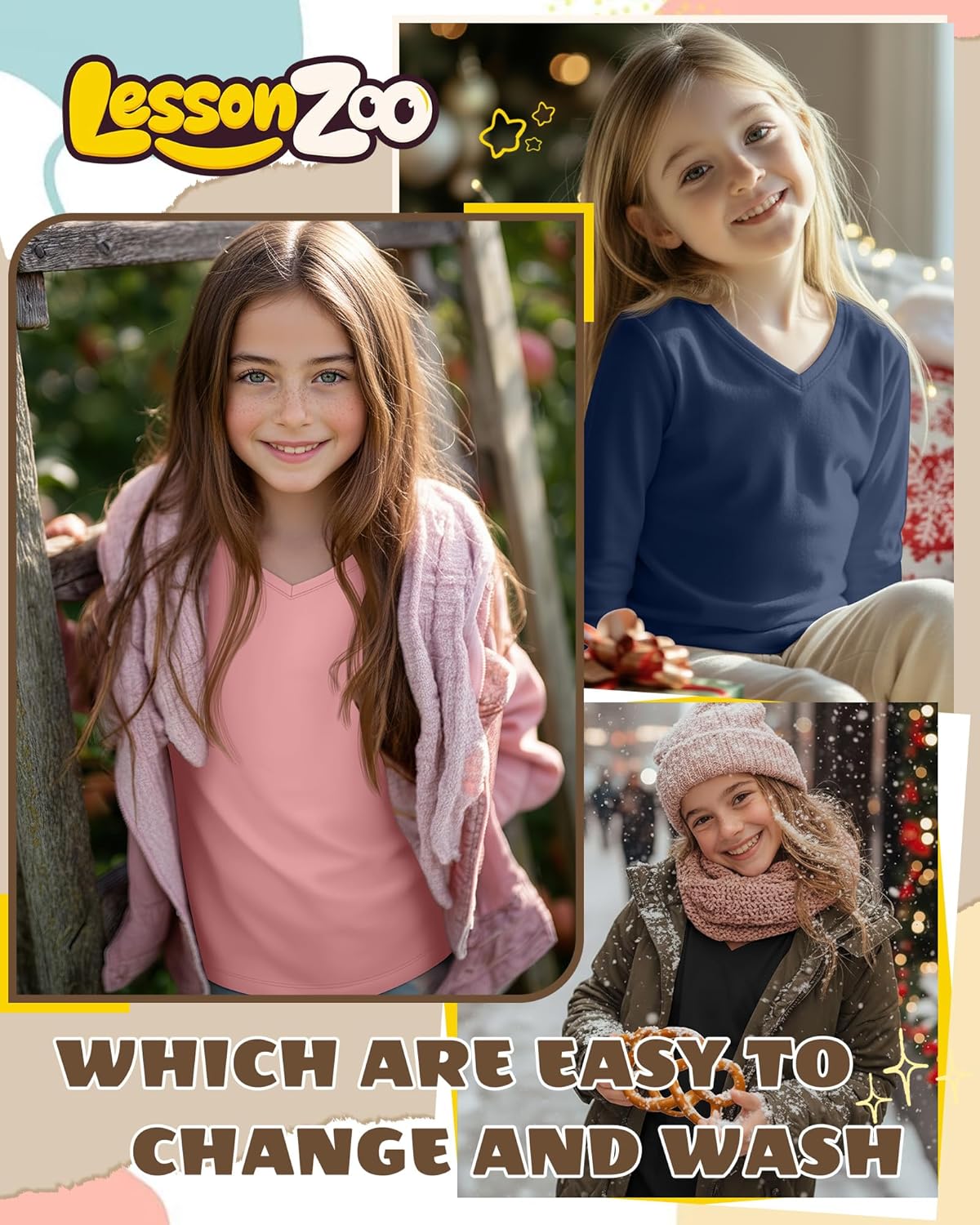 3 Pack Girl's Long Sleeve Shirts, Soft V Neck Kids Tops Fall Loose Fit Basic Tee Casual T Shirts for 3-16 Years - Image 5