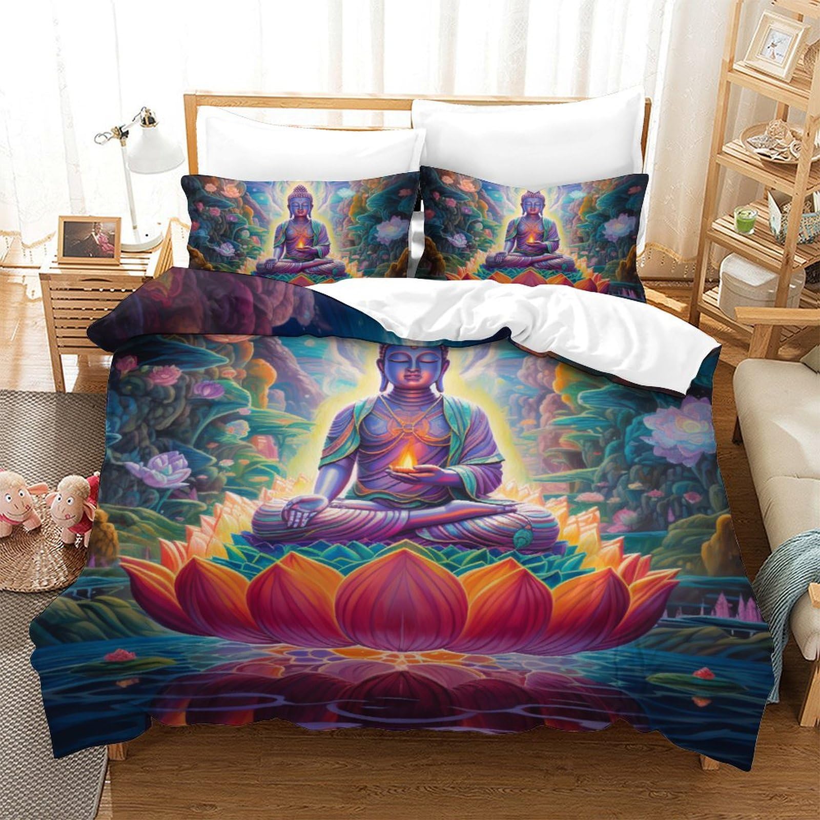 Housse de couette Bouddha 3D microfibre pour faciliter le litage des ados avec son zip