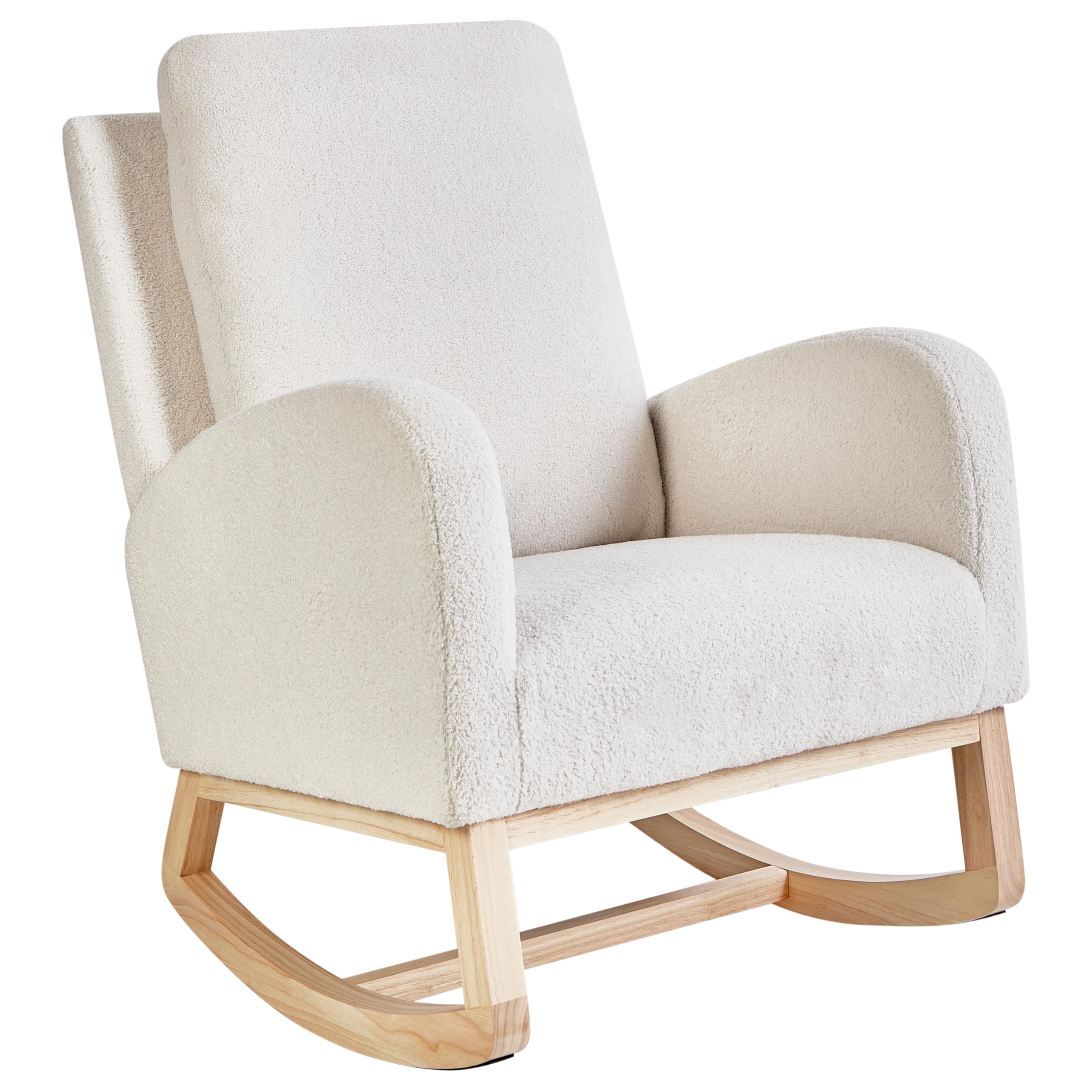 Beliani Silla Mecedora balancín tapizado de bouclé Patas de Madera de Caucho con reposabrazos Sala de Estar sillón de Lactancia Blanco Crema Alsta