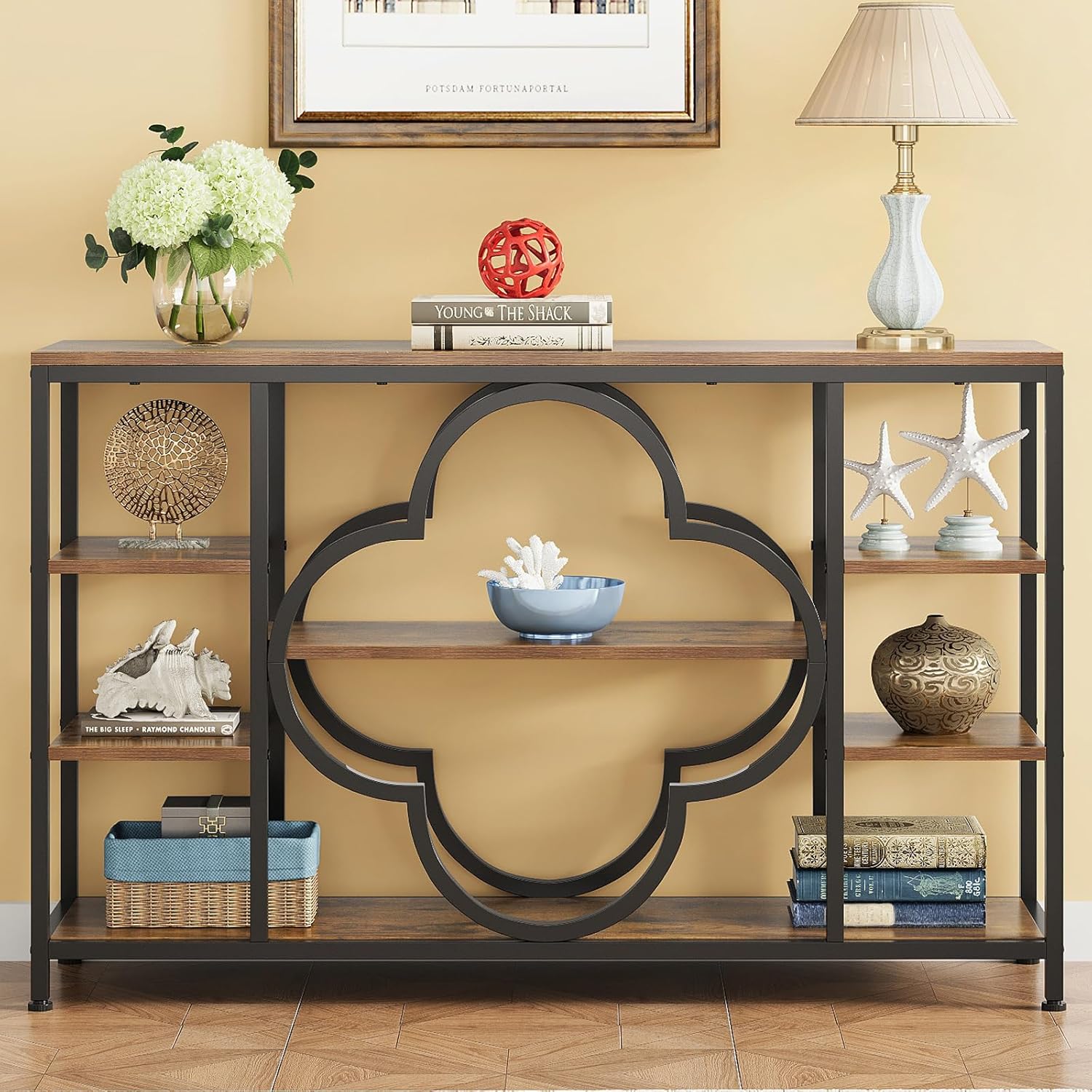 GiftGo 47" Farmhouse Console Tables for Entryway Retro Sofa Table Behind Couch Open Display Storage Shelves for Foyer, Hallway, Front Door,Living Room,Elegant Four-Leaf Clover (Rustic Brown, 47")