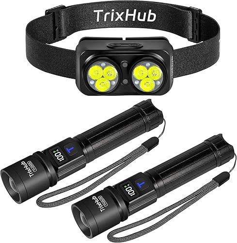 Linternas recargables de alto lúmenes, luz de flash súper brillante, 5 modos de zoom Linternas con pantalla digital LCD y sensor de movimiento LED