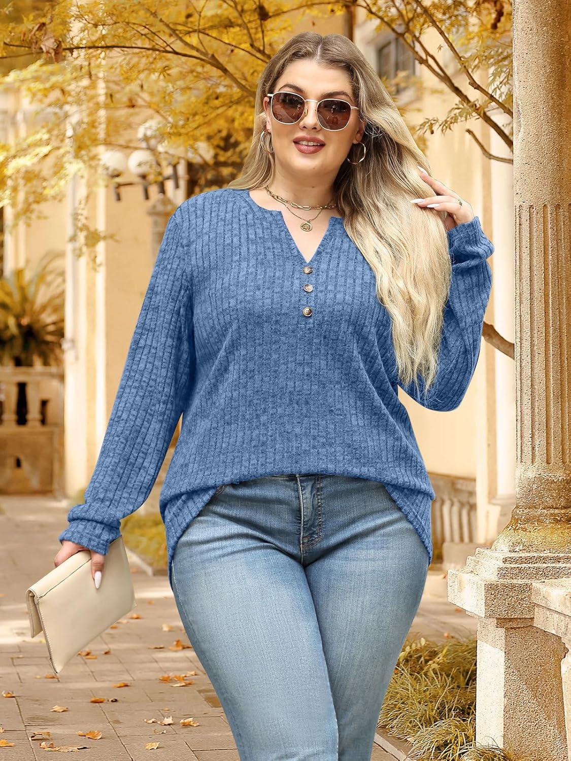 Plus Size Tops for Women Long Sleeve V Neck Button Down Shirts Casual Loose Tunic Sweaters Fall Winter Outfits L-4XL - Image 6