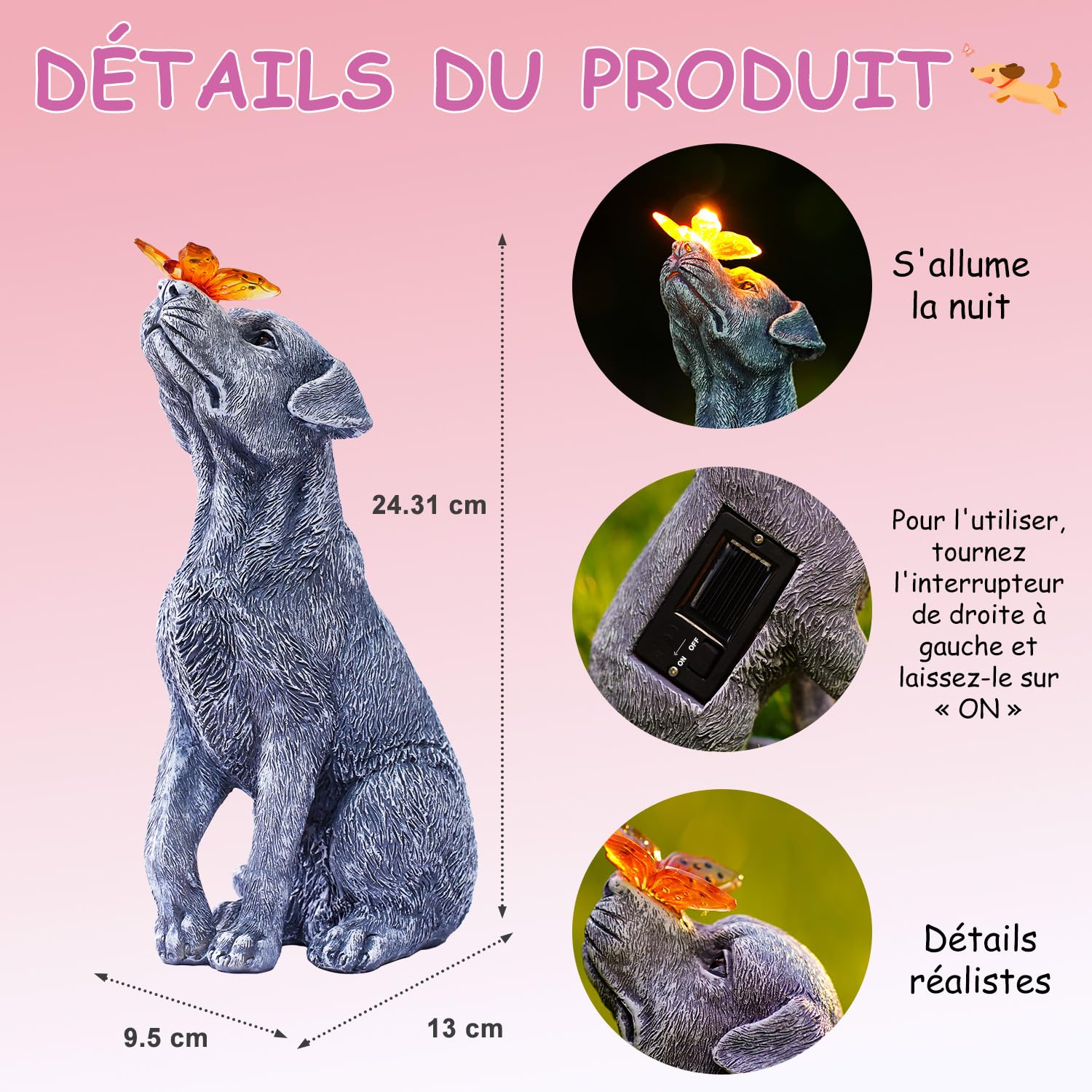 Yeomoo Figurines de chien avec papillon Décoration solaire extérieure : chiens drôles Décoration de jardin cadeau pour femmes et hommes, notamment maman, anniversaire étanche
