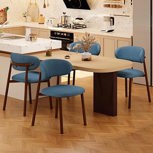 Miniatura 3 de Juego de 2 sillas de comedor de cocina modernas de lino suave estilo granja con patas de metal, AzulNogal