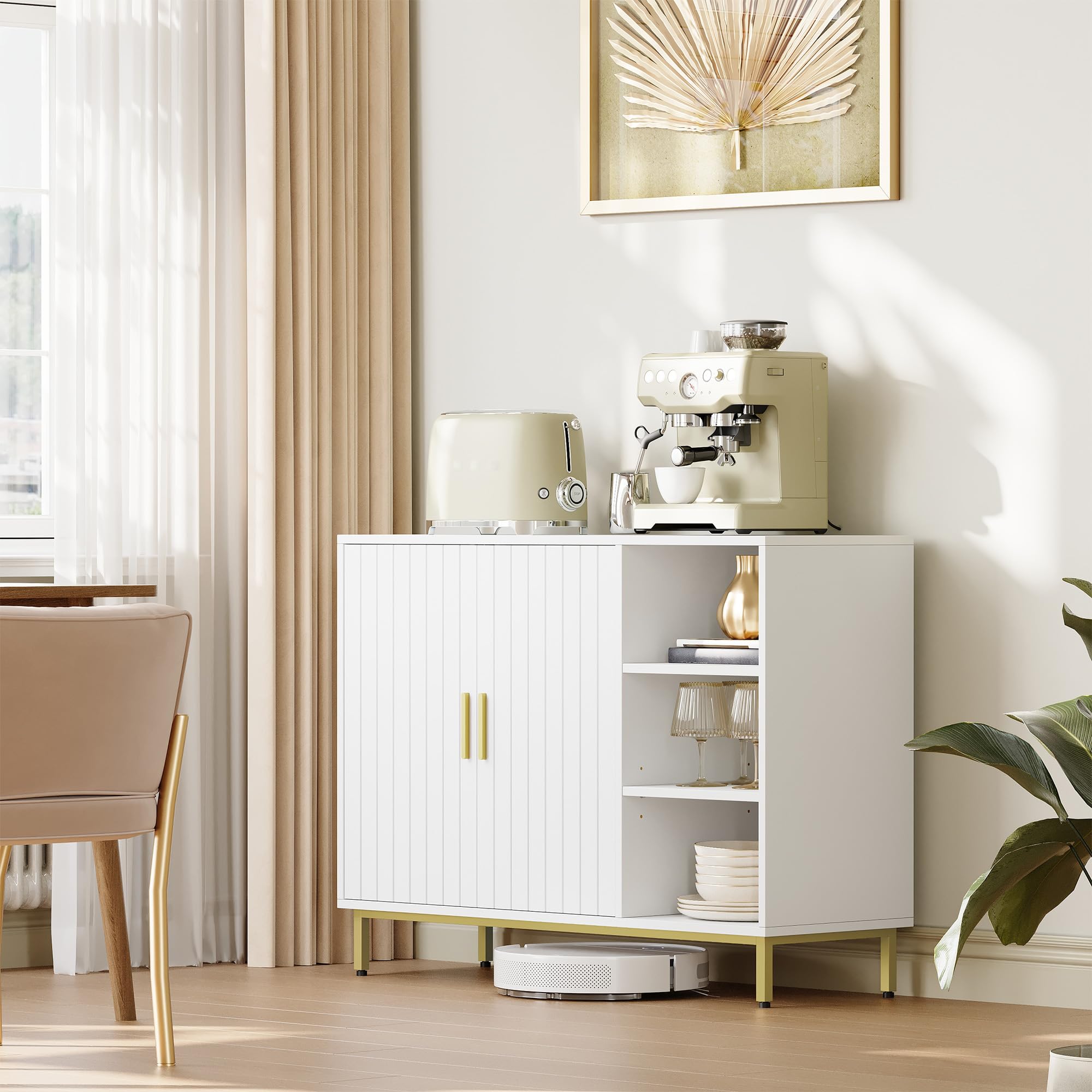 Meuble de Salle de Bain, 100 x 35 x 75 cm, Blanc et Doré | Armoire de Rangement, Buffet Indépendant à Deux Portes, Étagères Réglables, FFBC021PW1