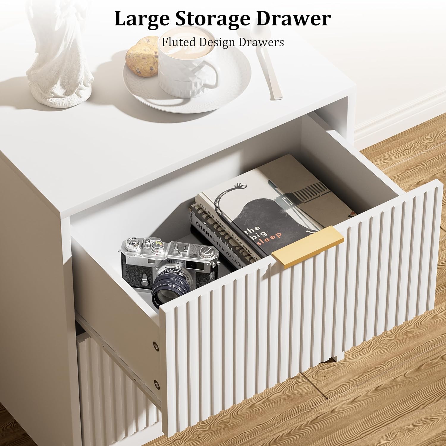 Nightstands Set of 2, Fluted Nightstand with Gold Metal Handles and 2 Drawers, Modern Bedside Table, 19.6" Wide Wood End Table for Bedroom, White