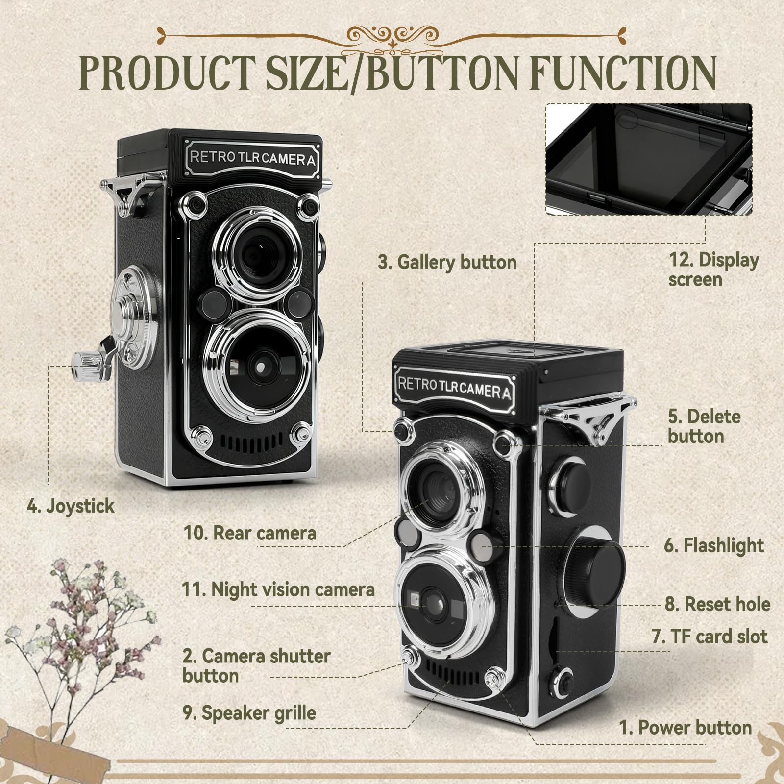 Mini Caméra Numérique Rétro, Caméra Vintage à Double Objectif 1080P FHD Vidéo 48MP Photos Autofocus Mini Caméra Vlogging avec Écran LCD de 1,54 Pouces, avec Carte Mémoire de 32 Go, Fonction de Vision