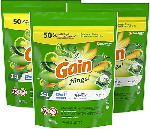 Gain Flings! Jabón líquido para ropa sucia, compatible con HE, paquete de 3 bolsas, 111 unidades, aroma de larga duración, aroma original