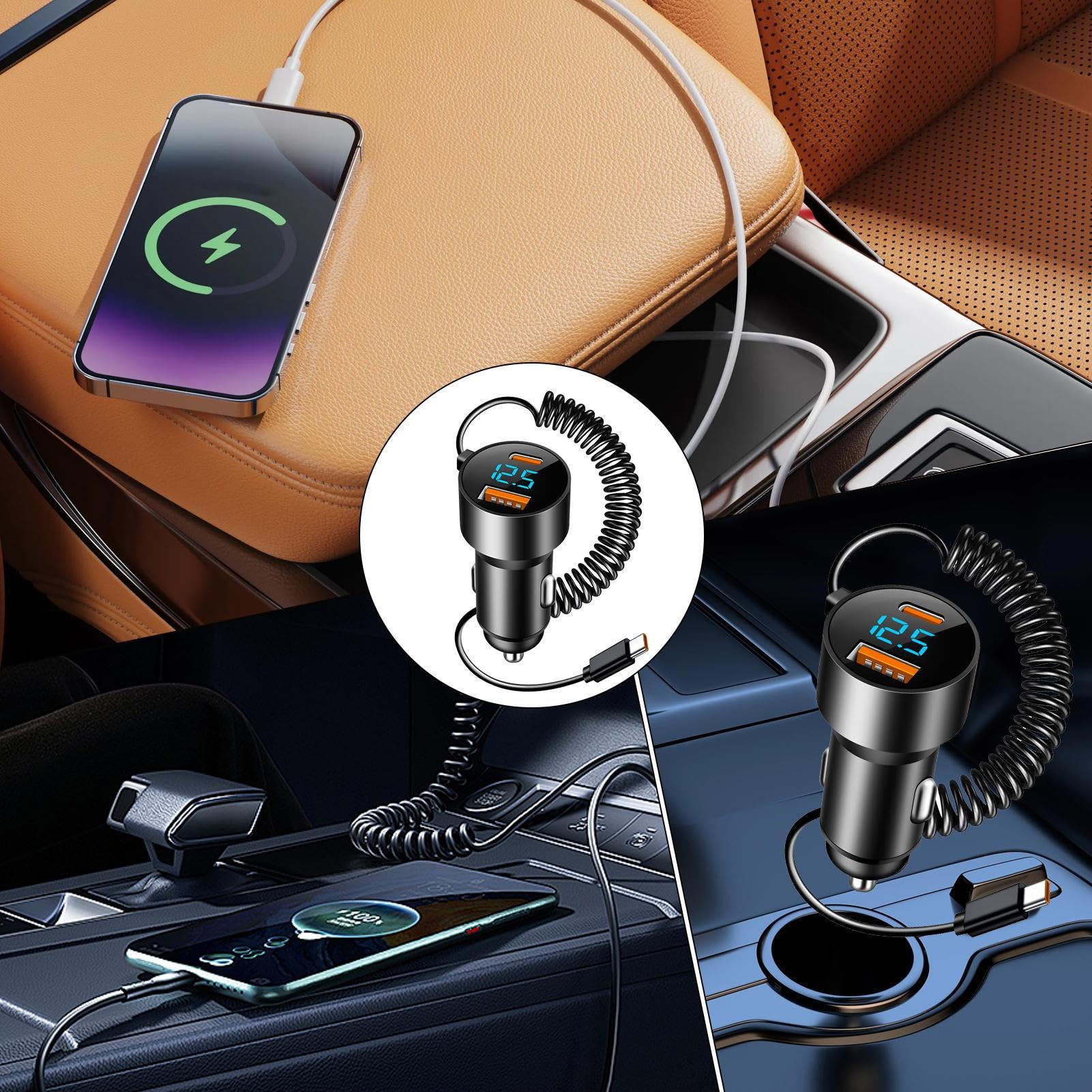 Caricabatteria da Auto USB C,Caricabatteria da Auto USB C,Adattatore di | Ricarica Rapida per PD QC 3.0 | Adattatore per cavo arrotolato per Camion berlina SUV