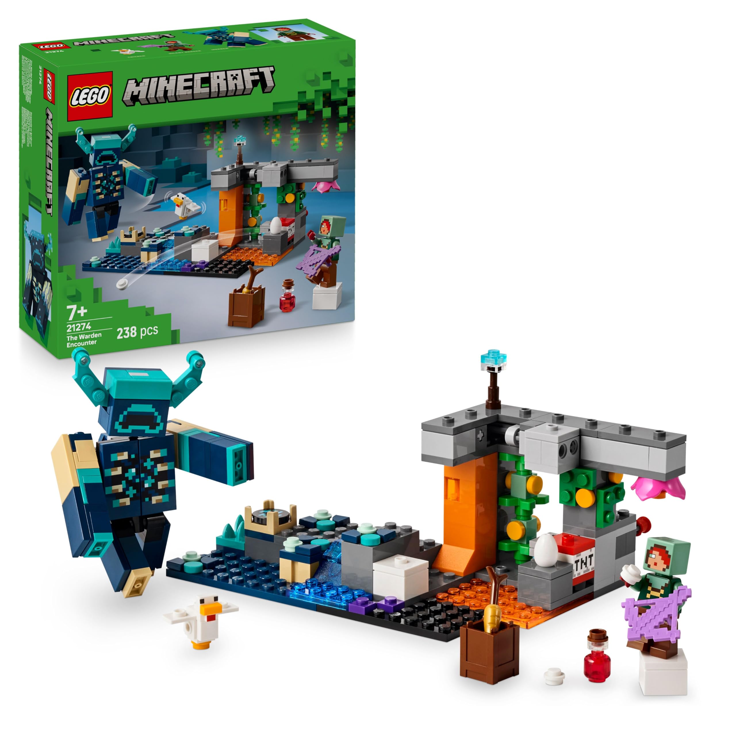LEGO Minecraft Begegnung mit dem Wächter - Spielzeug mit stummen Ranger Minifigur und beweglicher Mob Figur - Mit TNT Funktion für Felssturz - Geschenk für Jungen ab 7 Jahren und Gaming Fans - 21274