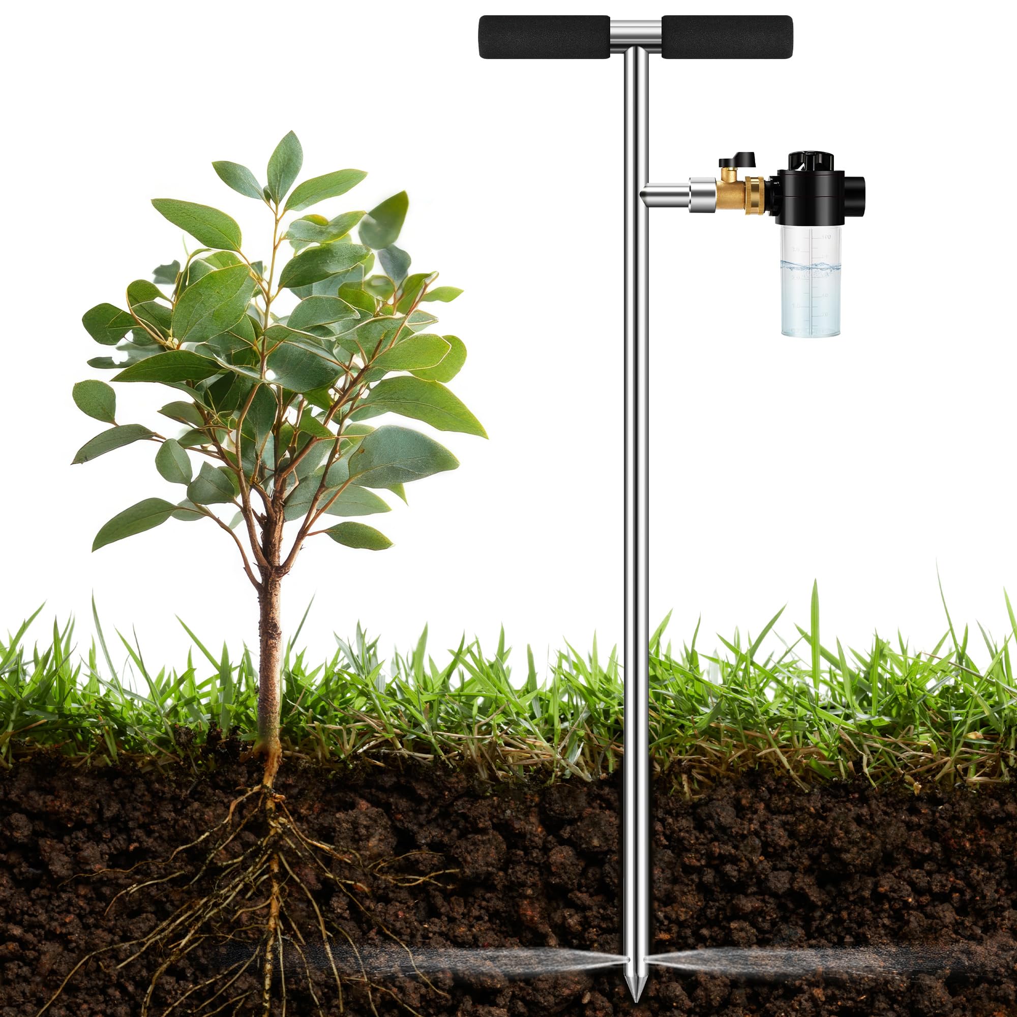 Deep Root Watering Tool for Trees Watering Spike with Fertilizer Bottle | Stainless Steel Root Feeder for Trees Irrigation System for Outdoor Garden, Plant & Shrubs Growth with Brass Valve | T-Handle