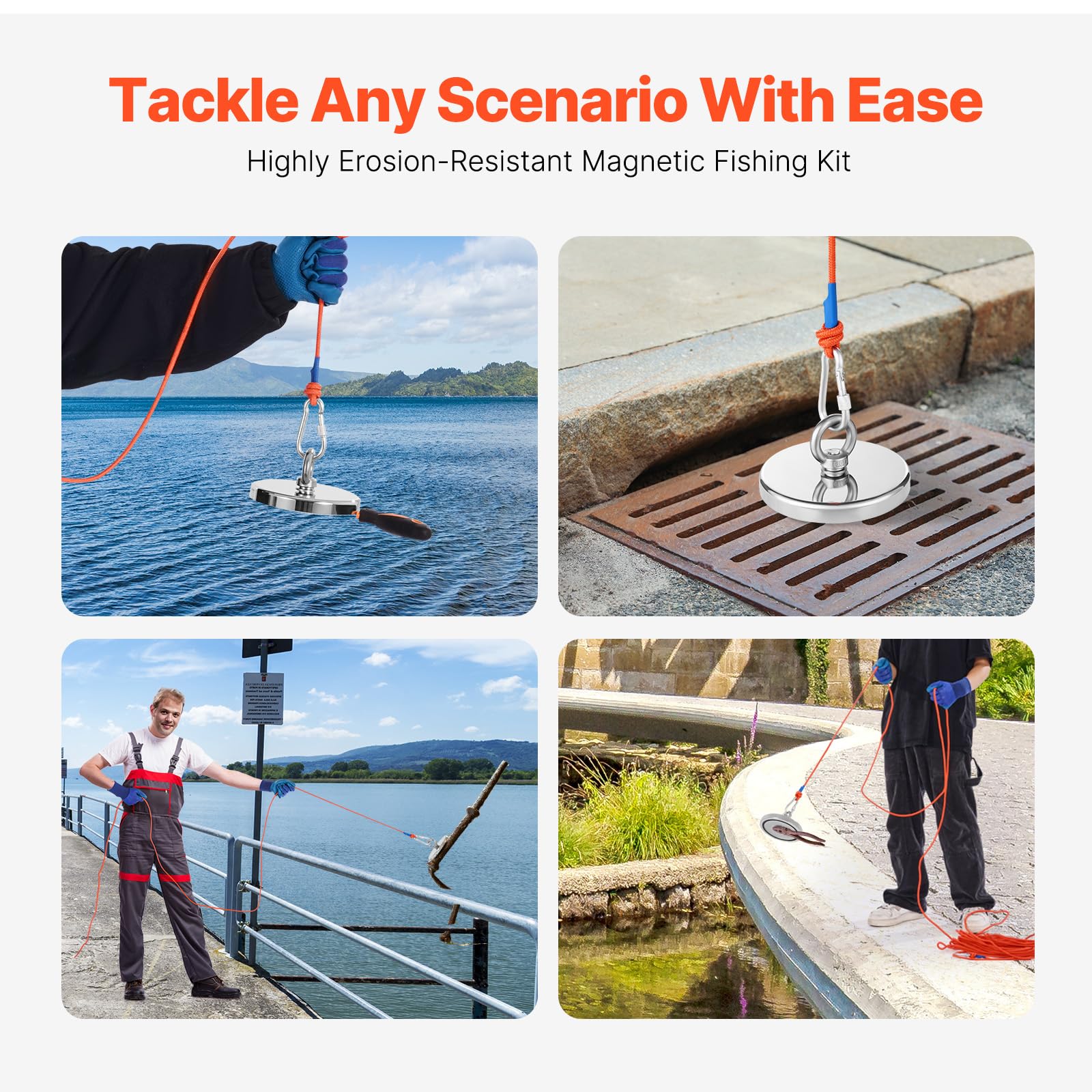 VEVOR Aimant de Pêche à Face Unique avec Force de Traction de 590 kg, Kit de Pêche Magnétique en Néodyme Terre Rare, avec Grappin, Corde, Gants et Boulon à Œil, pour la Récupération en Rivière