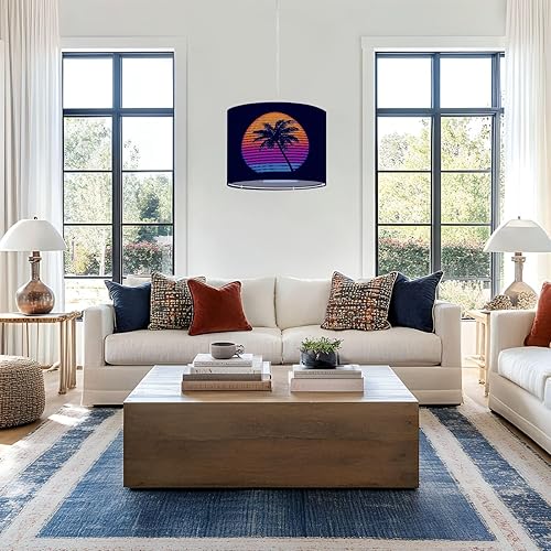 Miniatura 4 de Plug In Pendant Light Sunset palm trees 80s style Retro futuristic sun outline palm trees Hanging Lamp with Clear Cord Fabric Shade Dimmable Switch