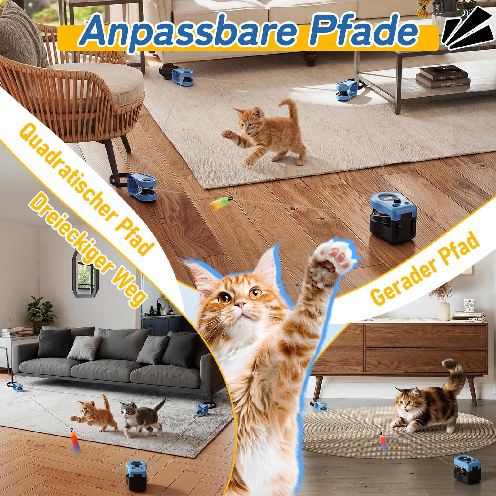 Elektrisches Katzenspielzeug 1-zu-3, interaktives Katzen Spielzeug mit Fernbedienung, USB wiederaufladbar, blau, Jagdspiel mit Mausgeräusch, für Wohnungskatzen, Bewegung und Beschäftigung