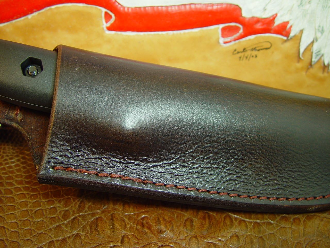 Custom right hand carry knife sheath for the BK 10. This sheath is a Dangler type sheath it also can be worn as a regular type sheath on the belt loop the Dangler strap can be removed.