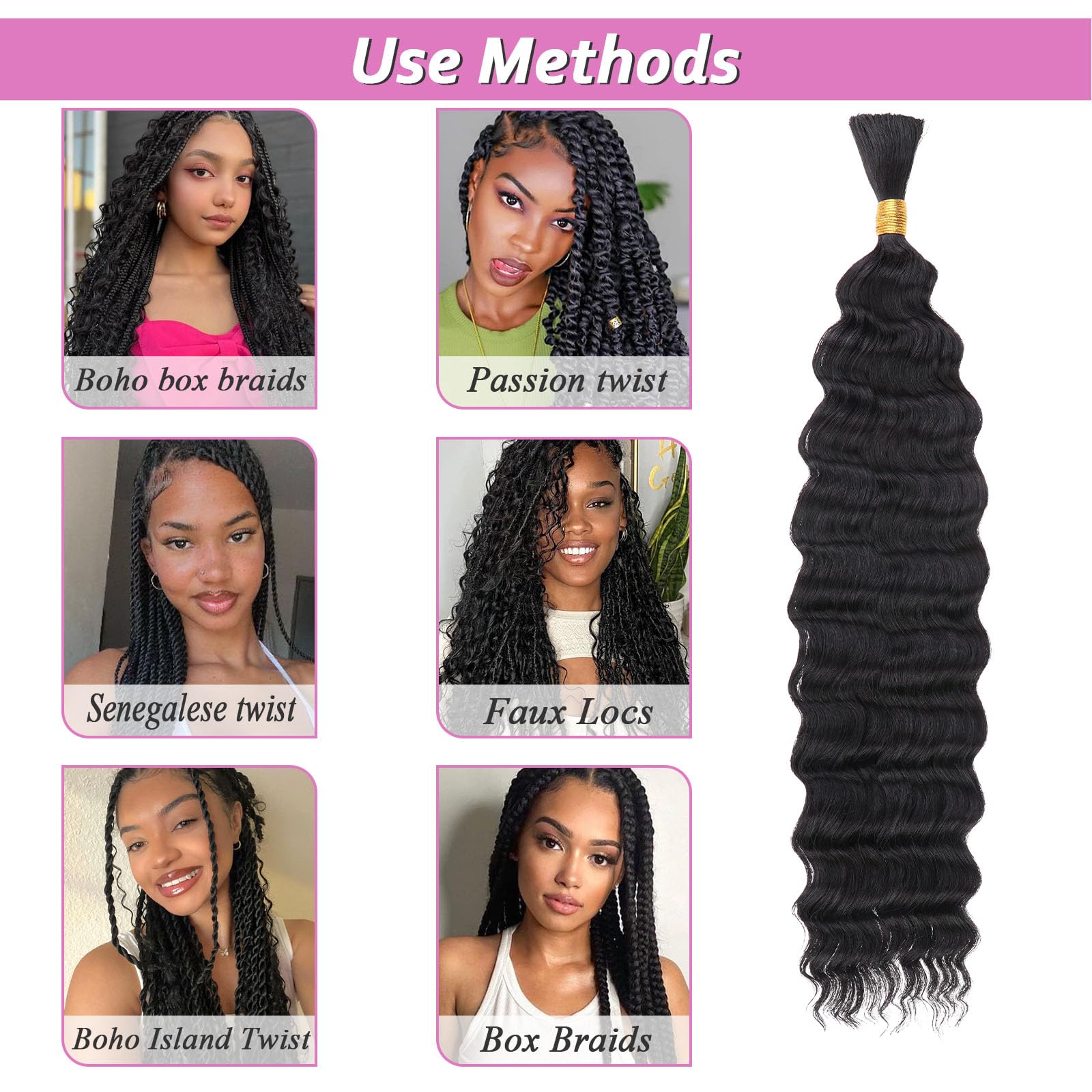 Samtress 18 Inch Deep Wave Bulk Braiding Hair Natural Black 20% Human Hair Mixed Quality Synthetic Curly Hair Extensions Wet and Wavy Boho Braids No Weft 2 Bundles (#1B) - Image 4