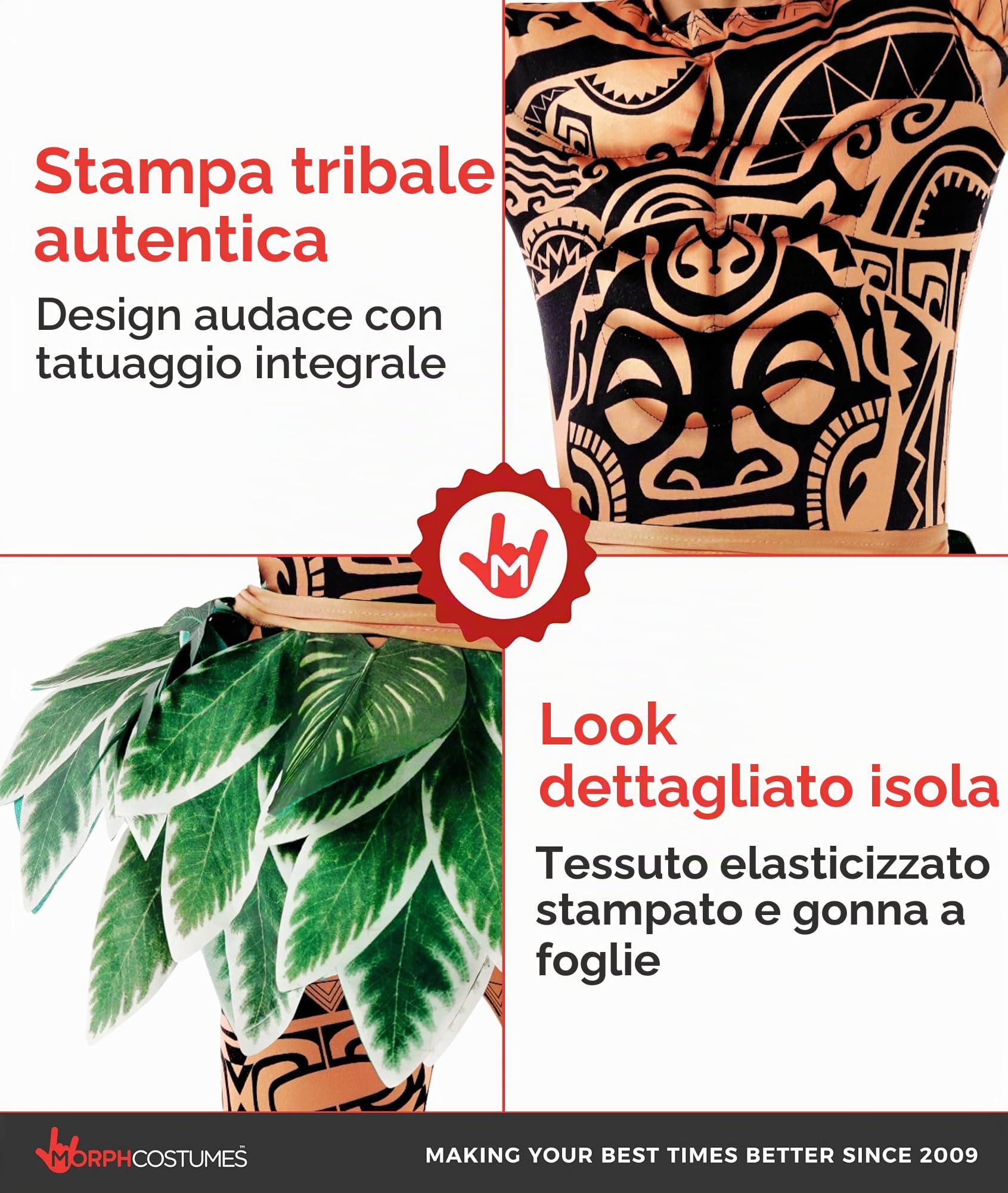 Morph Costume Guerriero Polinesiano Bambino, Costume Halloween | Tuta Muscolare & Cintura di Foglie, Busto 3D Imbottito, Perfetto per Halloween, Ideale per il Gioco di Ruolo