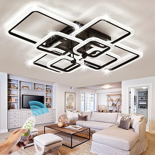 41.3in Modern LED Ceiling Light Dimmable Crystal Style Acrylic Ceiling Lights,102W Black Flush Mount Ceiling Light Fixtures,8 Square Frame with Remote Ceiling Lamps for Living Room Kitchen Bedroom