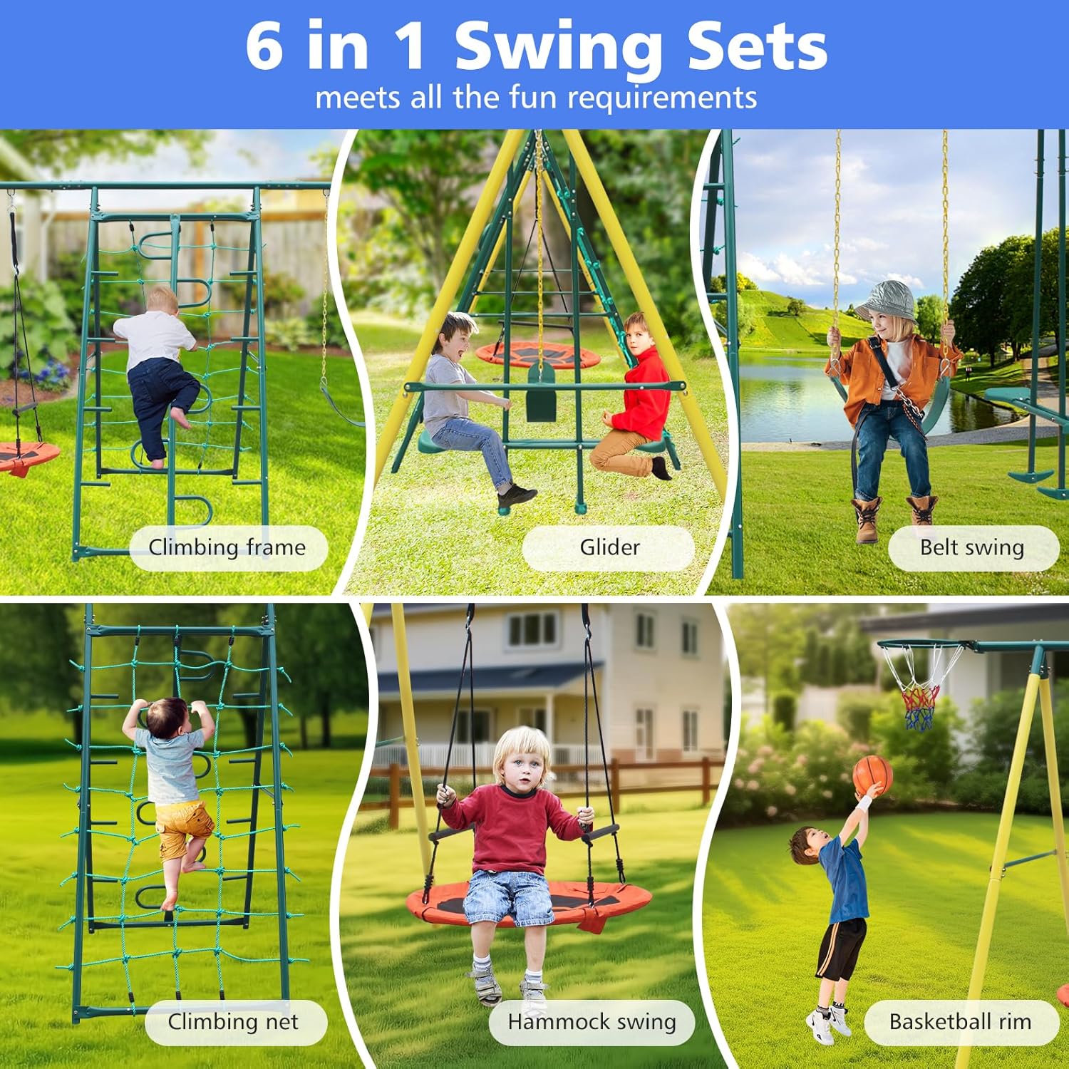 6 in 1 Outdoor Swing Set for Backyard, Heavy Duty Steel A-Frame Playset with Climbing Frame, Climbing Net, Glider, Hammock, Belt Swing and Basketball Rim, 700lbs Weight Capacity for Kids & Toddlers