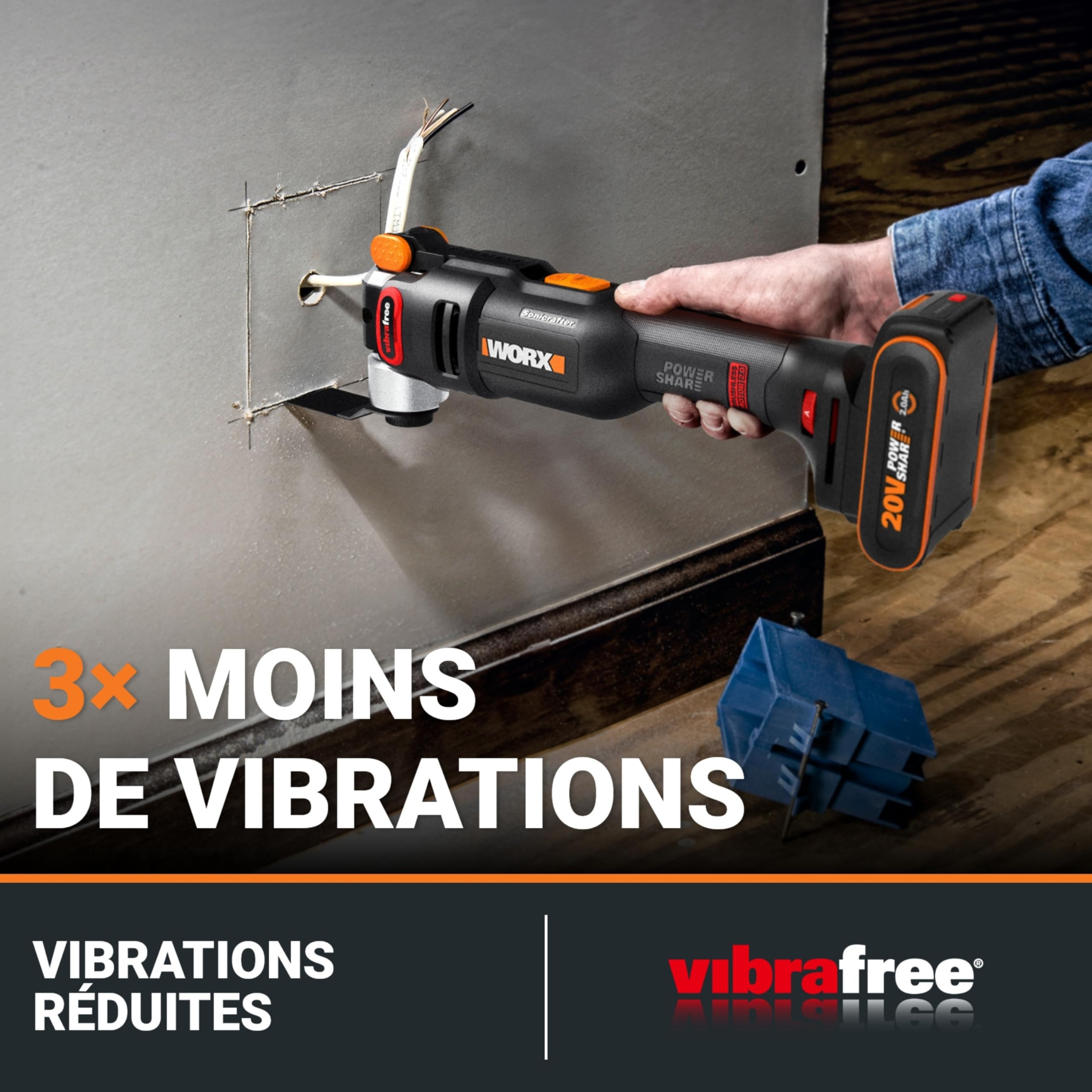 WORX Outil Multifonction sans Fil Brushless 20V WX698.9, idéal Pour Découper, Scier, Meuler, Racler, Gratter, Système de Fixation Universel, livré avec 23 Accessoires, sans Batterie ni Chargeur