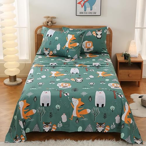 Miniatura 7 de JSD Green Animal Forest - Juego de sábanas para niños, tamaño matrimonial, 4 piezas, bonitas sábanas de microfibra estampadas para niñas, bolsillo