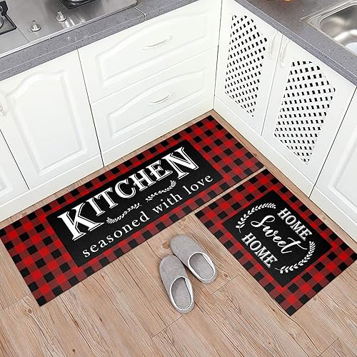 Miniatura 2 de Juego de 2 tapetes de cocina a cuadros de búfalo rojo, antideslizantes, gruesos, para cocina, fregadero, oficina, lavandería, 17 x 47 pulgadas + 17