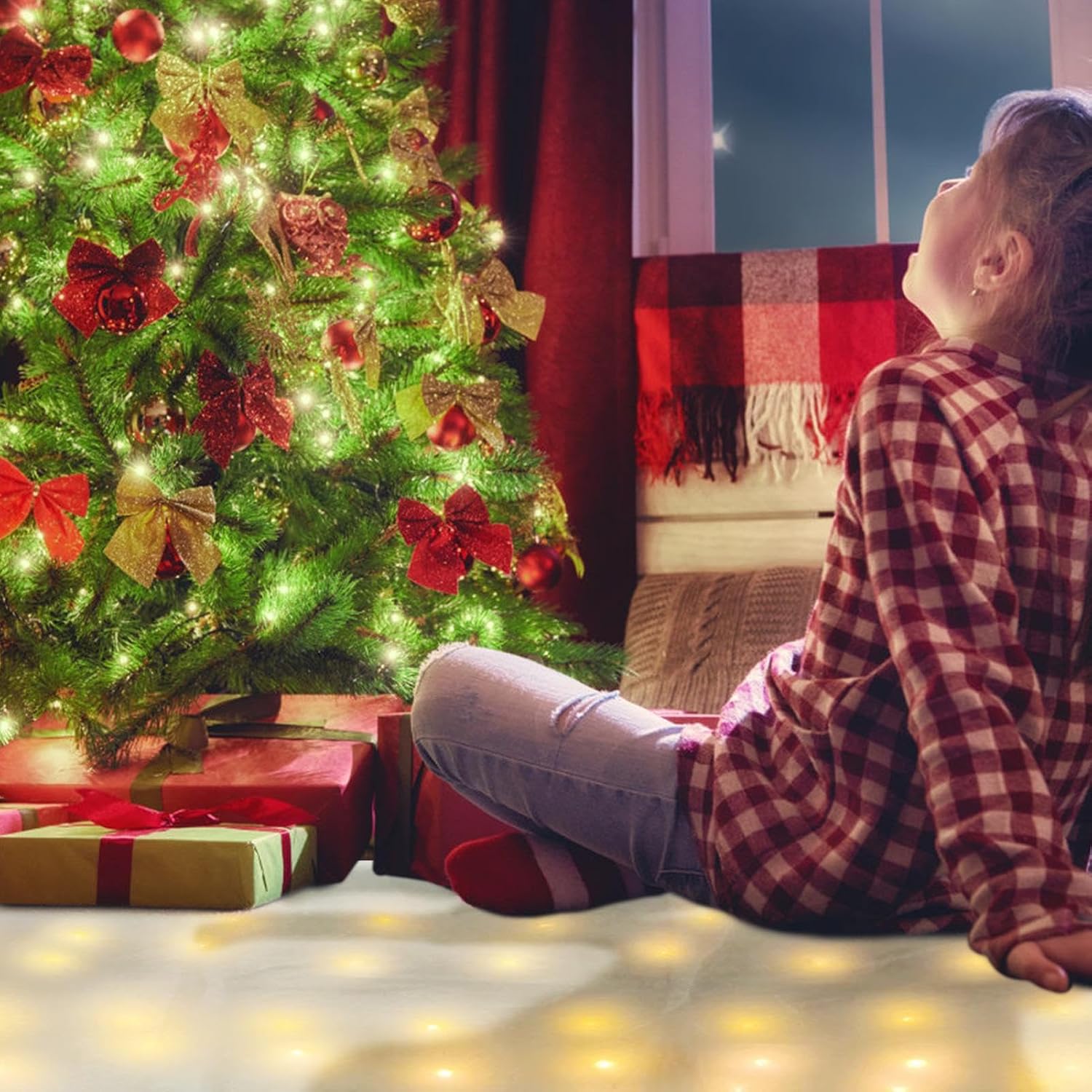 Christmas Snow Blanket - Lighted Fabric Decoration, 8 Mode LED Mat, Soft fluffyy Tablecloth, Warm Glowing Accent, Fake Snow Decor | Illuminated Blanket for Winter Fireplace Village Scene