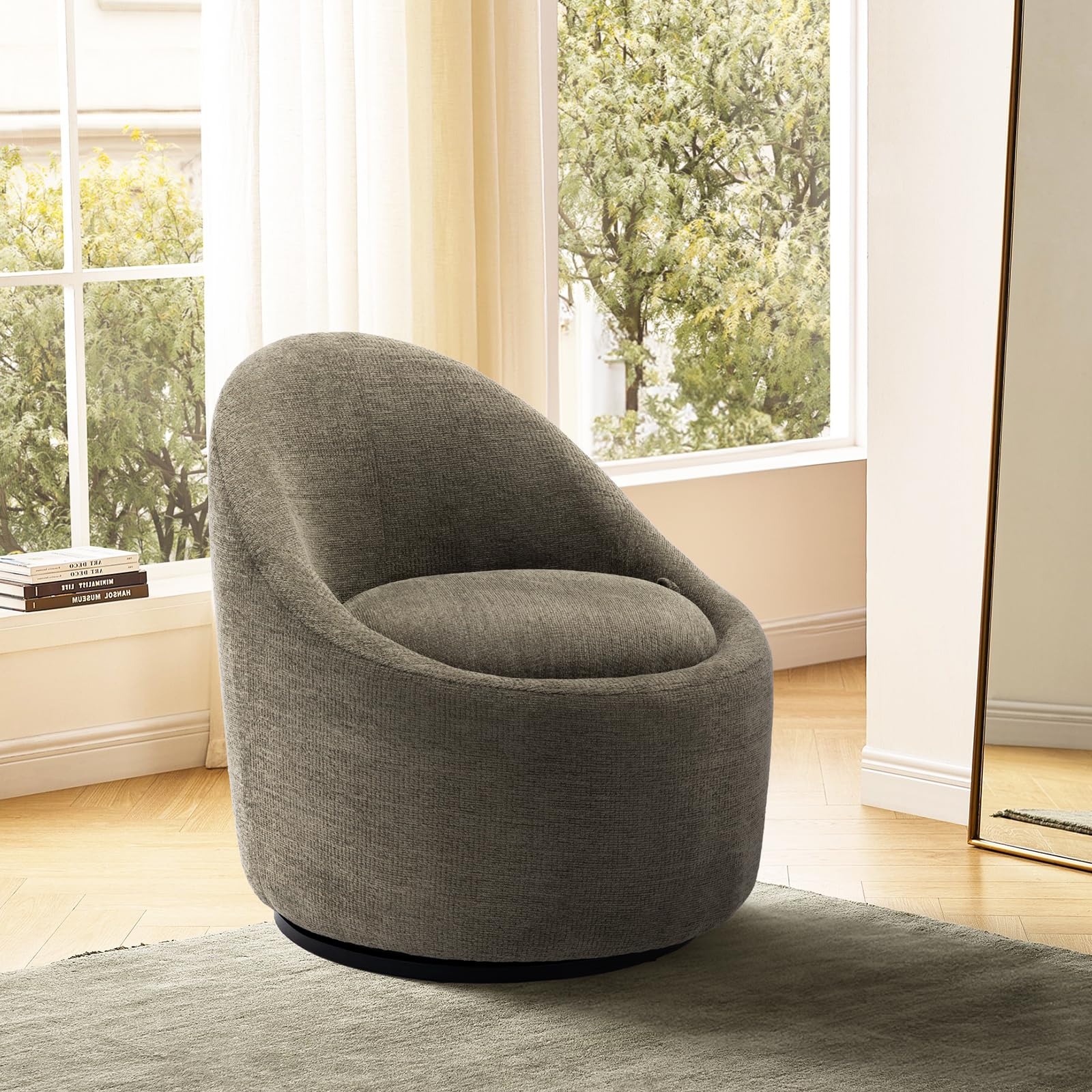 Swivel Accent Chair Barrel Chair, 360° Swivel Chair with Hidden Storage, Modern Small Round Swivel Chair Accent Chair for Living Room/Bedroom-Green