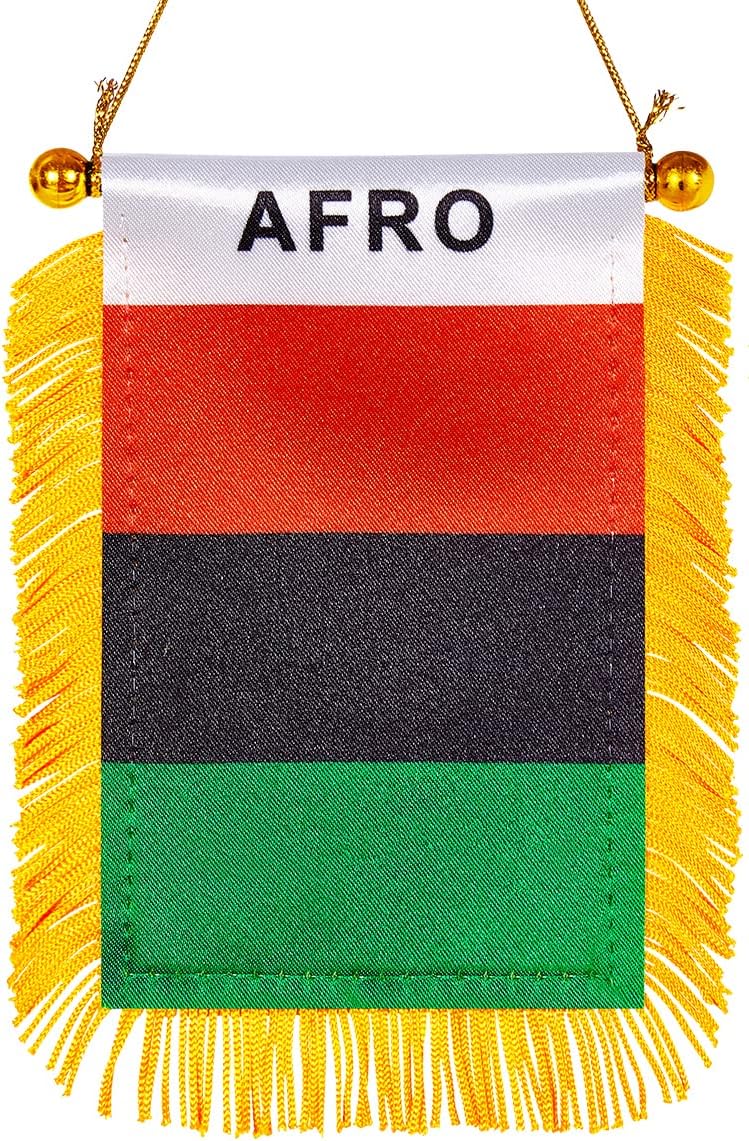 WXTWK 3 X 5 Inch Afro American Flag Pan-African Window Hanging Flag Small Mini Car Flags Banners Rearview Mirror Decoration With Suction Cup Golden Fringy Banner