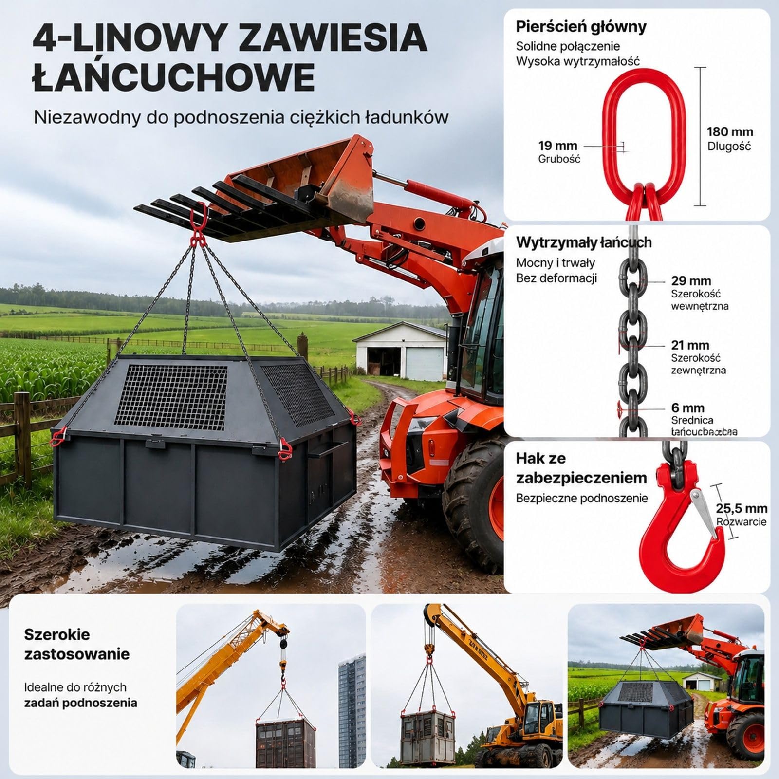 Zawiesie łańcuchowe z 4 hakami, stal stopowa, akcesorium do wciągnika, mocowania ładunku i holowania
