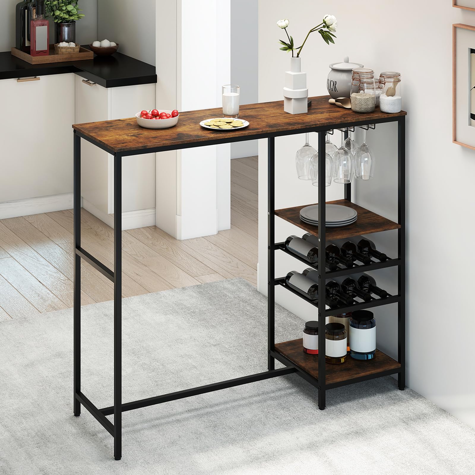 LIFEZEAL Mesa de Bar de 5 Niveles, Mesa Alta Cocina con Amplia Superficie， Mueble de Almacenamiento con Estantes Abiertos y 2 Portavasos Debajo de la Bandeja, Estructura de Metal Sólida