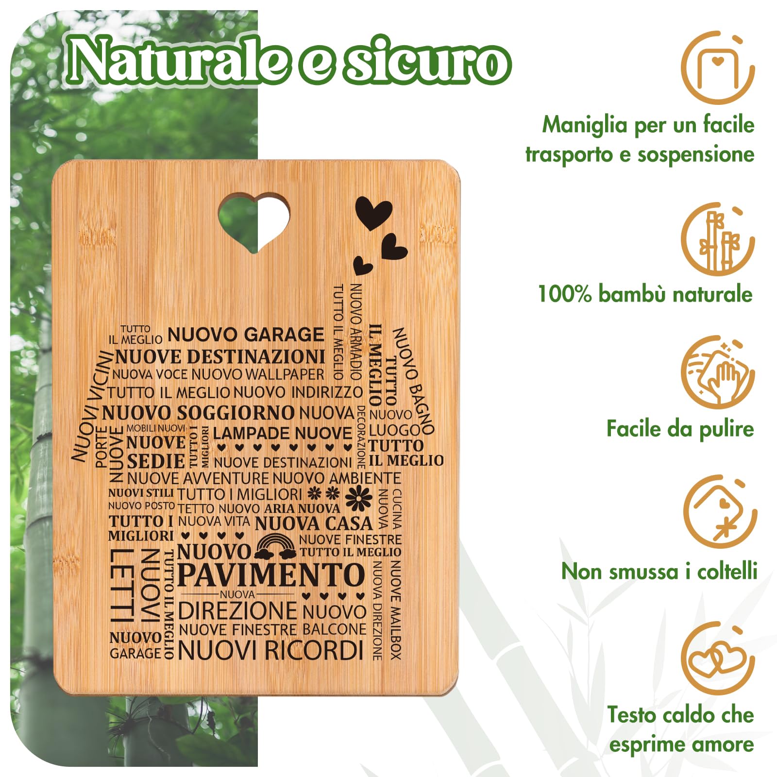 Tagliere In Bambù Inciso Con Frase - Regalo Per Casa Nuova, 30x22 Cm - Idea Regalo Natale