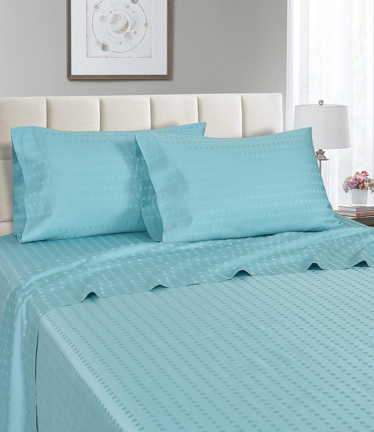Spring Home 1200 Thread Count 100% Egyptian Cotton Deep Pocket Dobby Striped Sheet Set (Full, Aqua)