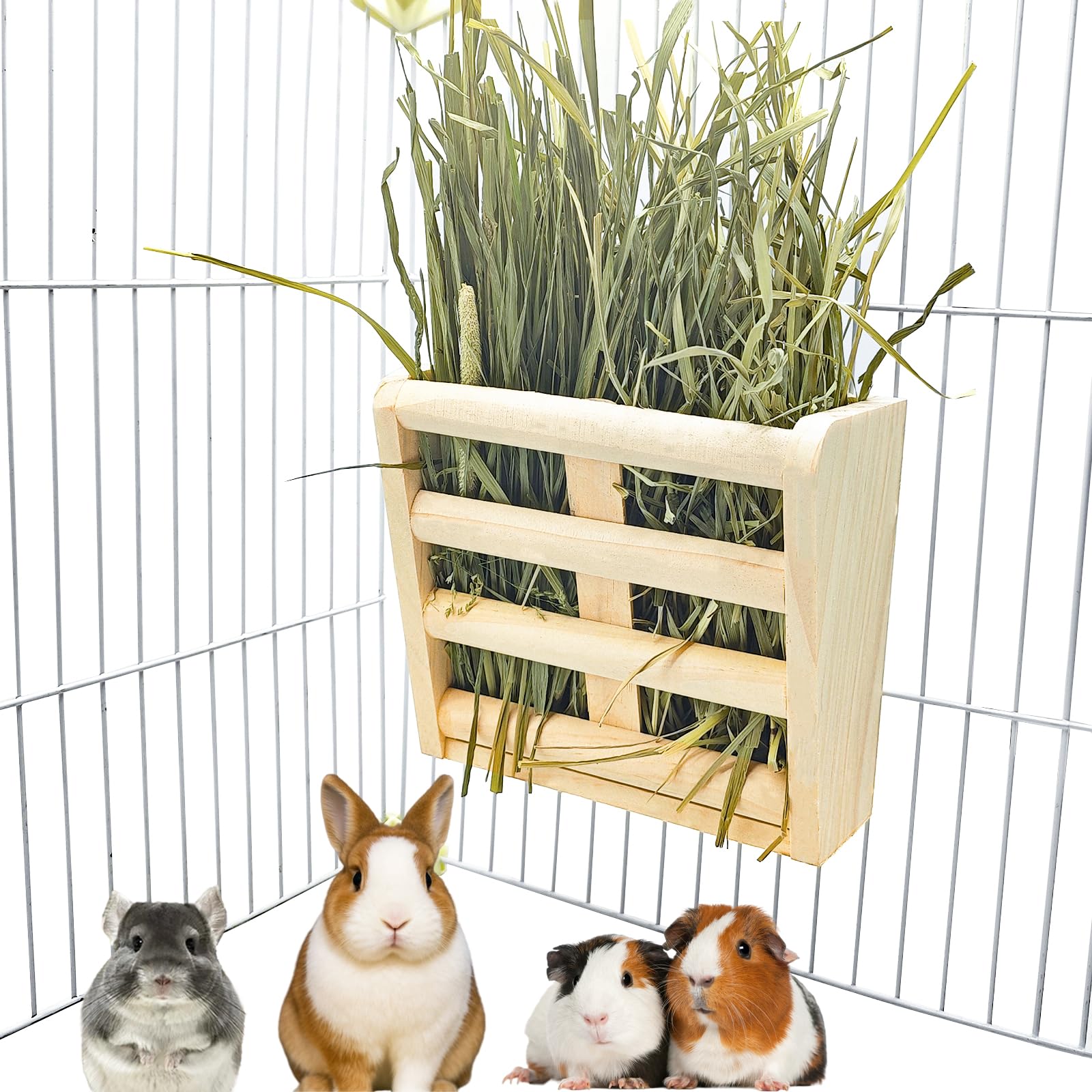 Bunny Hay Rack Guinea Pig Hay Feeder Chinchilla Hay Holder Rabbit Food Dispenser Natural Wooden Hamster Rabbit Cage Accessories