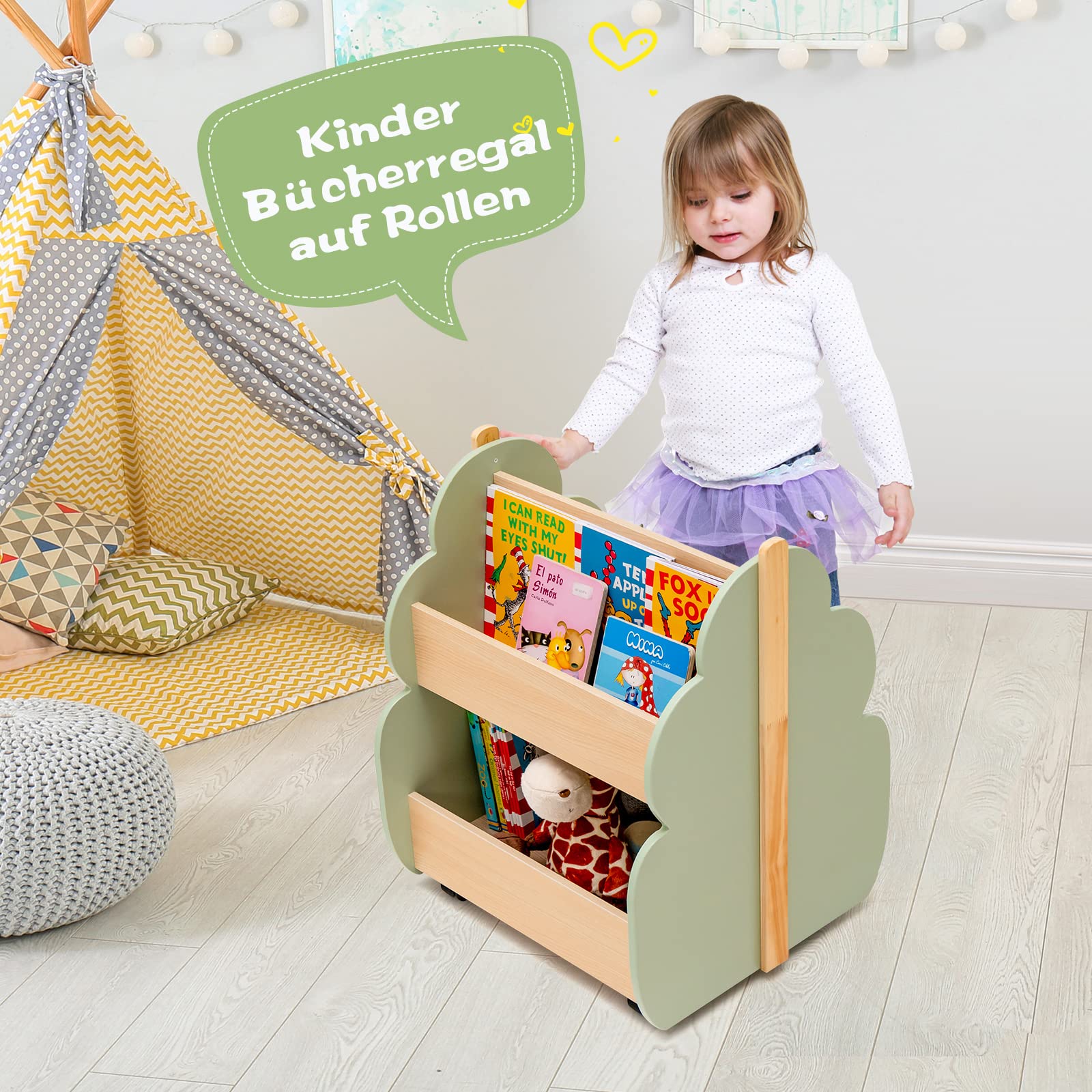 COSTWAY Kinder Bücherregal auf Rollen, 2 Ebenen Spielzeugregal aus Holz, 52 x 46 x 62,5 cm (Grün)