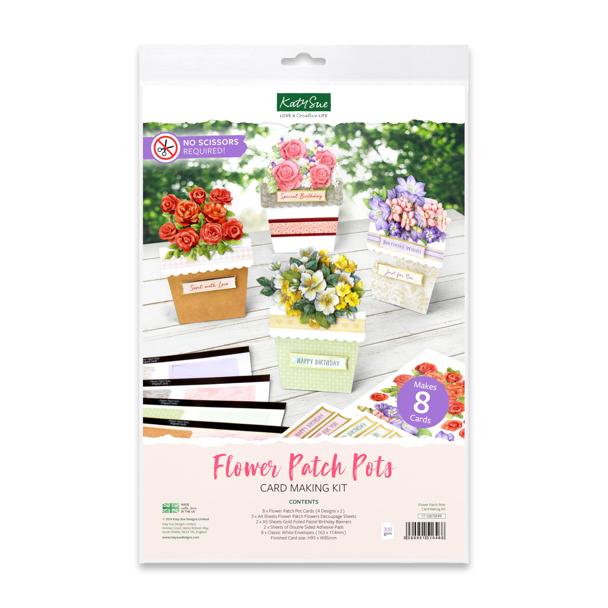 Flower Patch Pots Card Making Kit. 8 Cards, 8 Envelopes, 3 Sheets of Floral Die-Cut Decoupage, Adhesive Pads, & 2 Sheets of Birthday Sentiments Banners for Card Making Supplies