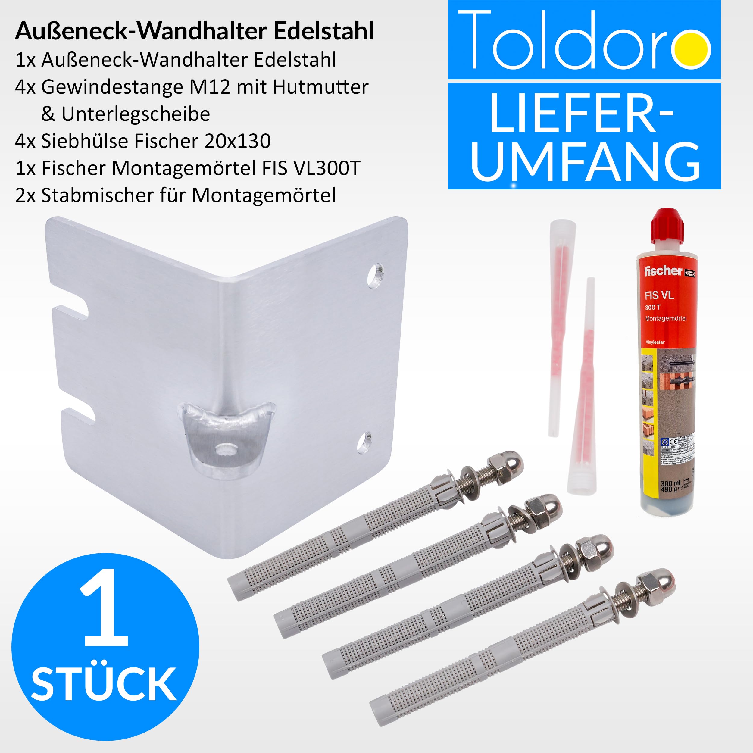 Außeneck-Wandhalterung Edelstahl rostfrei für Sonnensegel (mit Befestigungsmaterial für Mauerwerk)