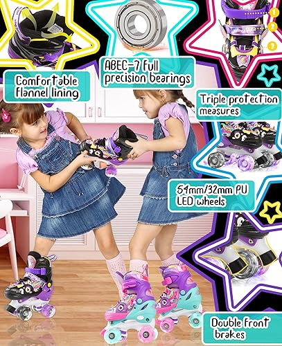 Miniatura 9 de WESKIFAN - Patines de unicornio para niñas pequeñas, zapatos de patinaje cuádruple con ruedas brillantes y tamaños ajustables para principiantes,