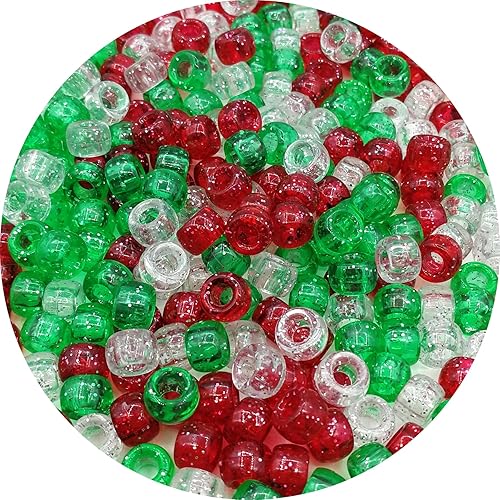 Amaney - Cuentas de poni de Navidad, color rojo, verde, blanco, 500 unidades de 0.236 x 0.354 in, colores mezclados, cuentas de poni galvanizadas