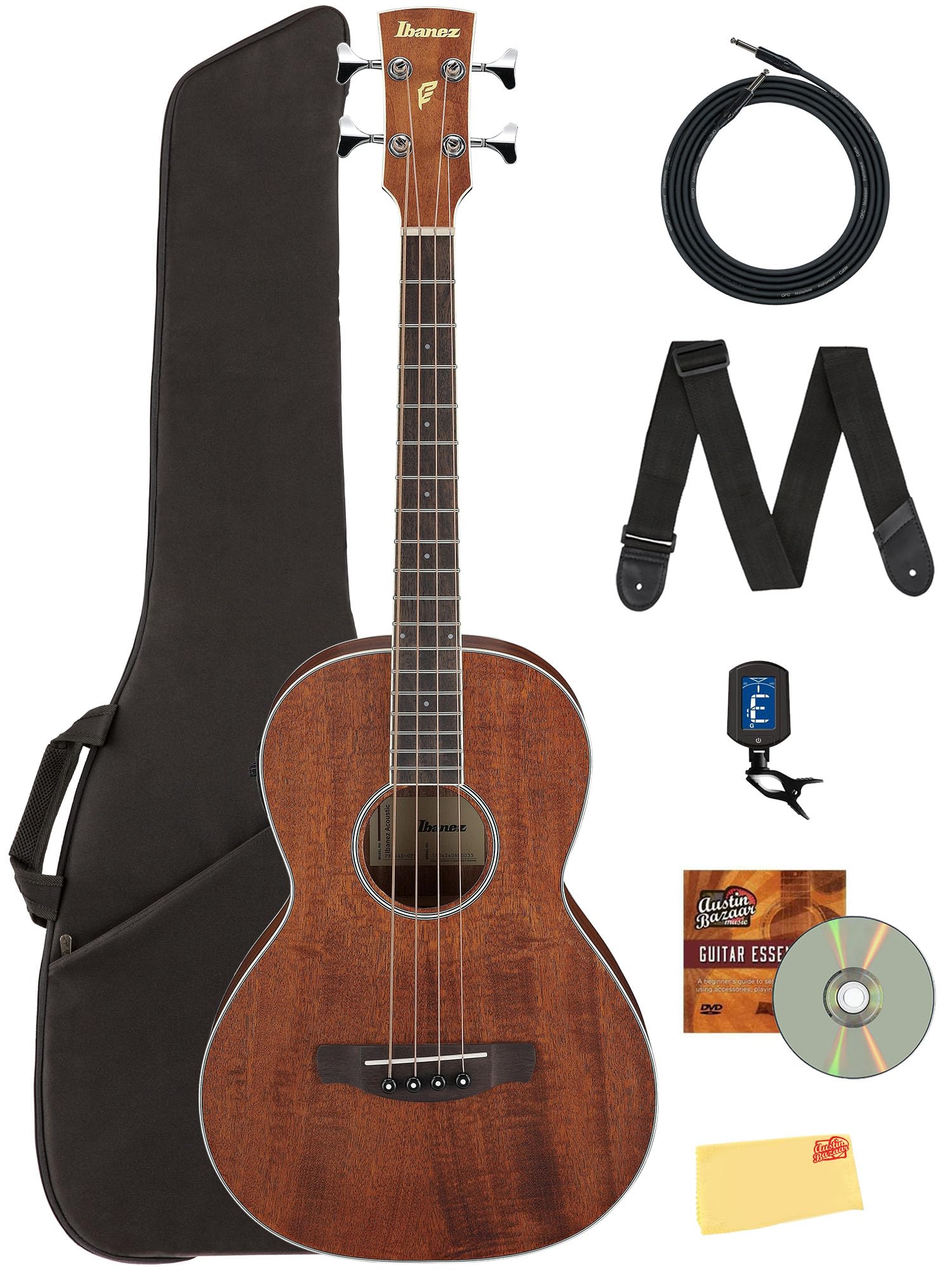 Ibanez PNB14E Acoustic-Electric Bass Guitar - Open Pore Natural Bundle with Gig Bag, Tuner, Strap, Instrument Cable, Austin Bazaar Instructional DVD, and Polishing Cloth