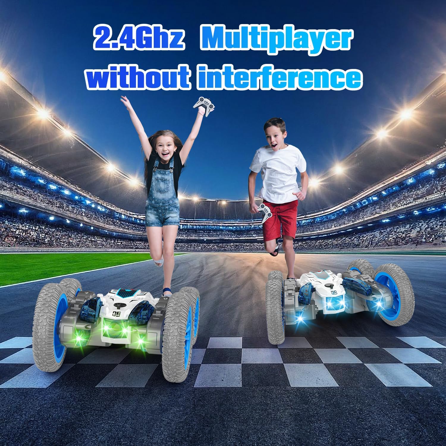 BAIWU Spider Remote Control Car, 4WD Stunt Vehicle for 360° Flips Off-Road, with Dazzling Spray & LED Lights, 2.4GHz RC Toy for Boys Girls 6-12