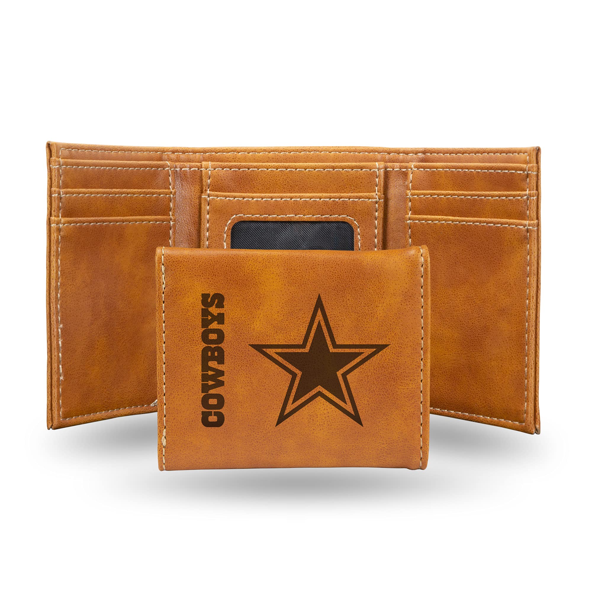 Rico Industries NFL Dallas Cowboys Trifold Wallet, Brown - Laser Engraved Vegan Leather, 6 Card Slots, ID Window