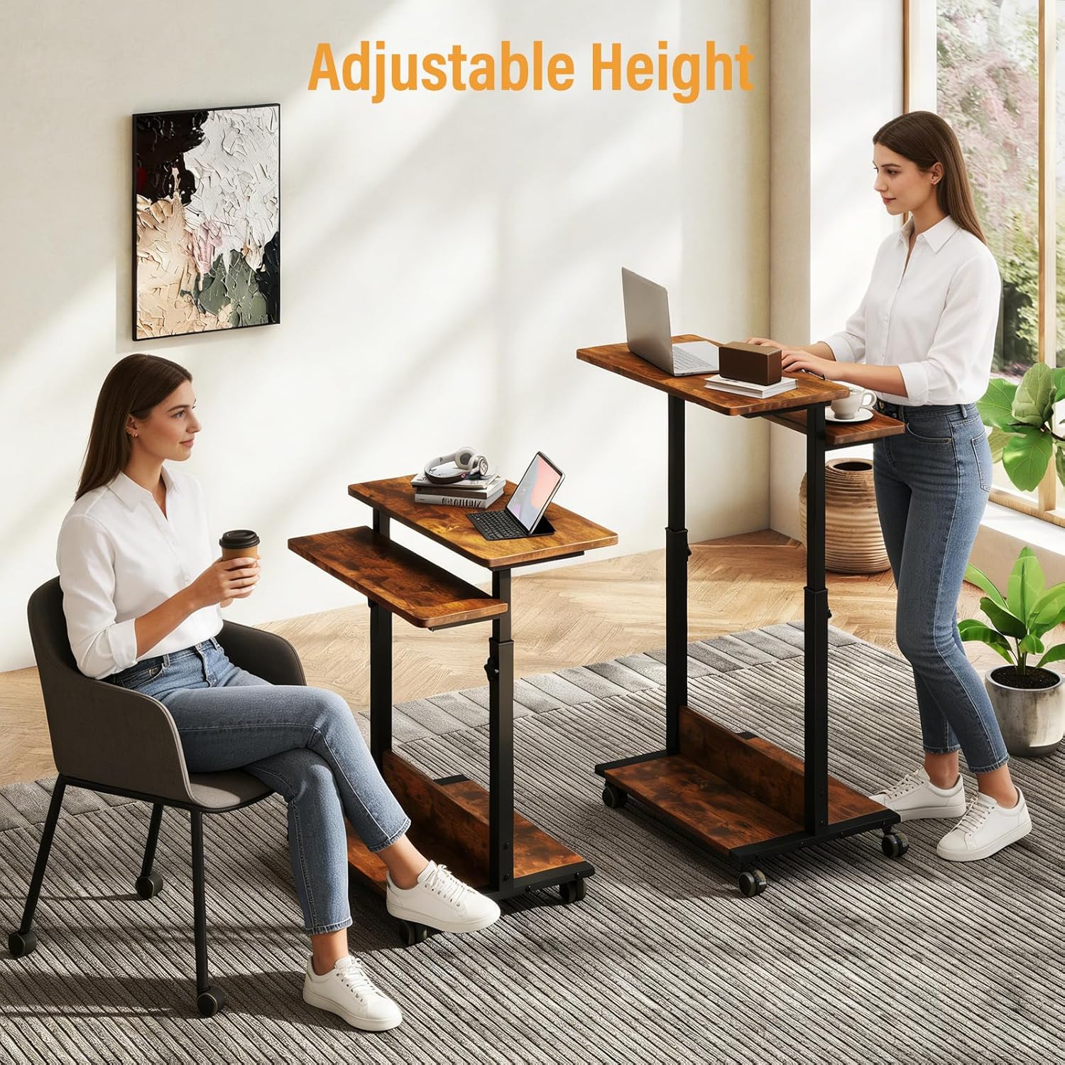 Small Standing Desk with Wheels,Small Mobile Computer Desks Adjustable Height, Portable Standing Office Desks,Computer Workstation for Home Office(Rustic Brown)