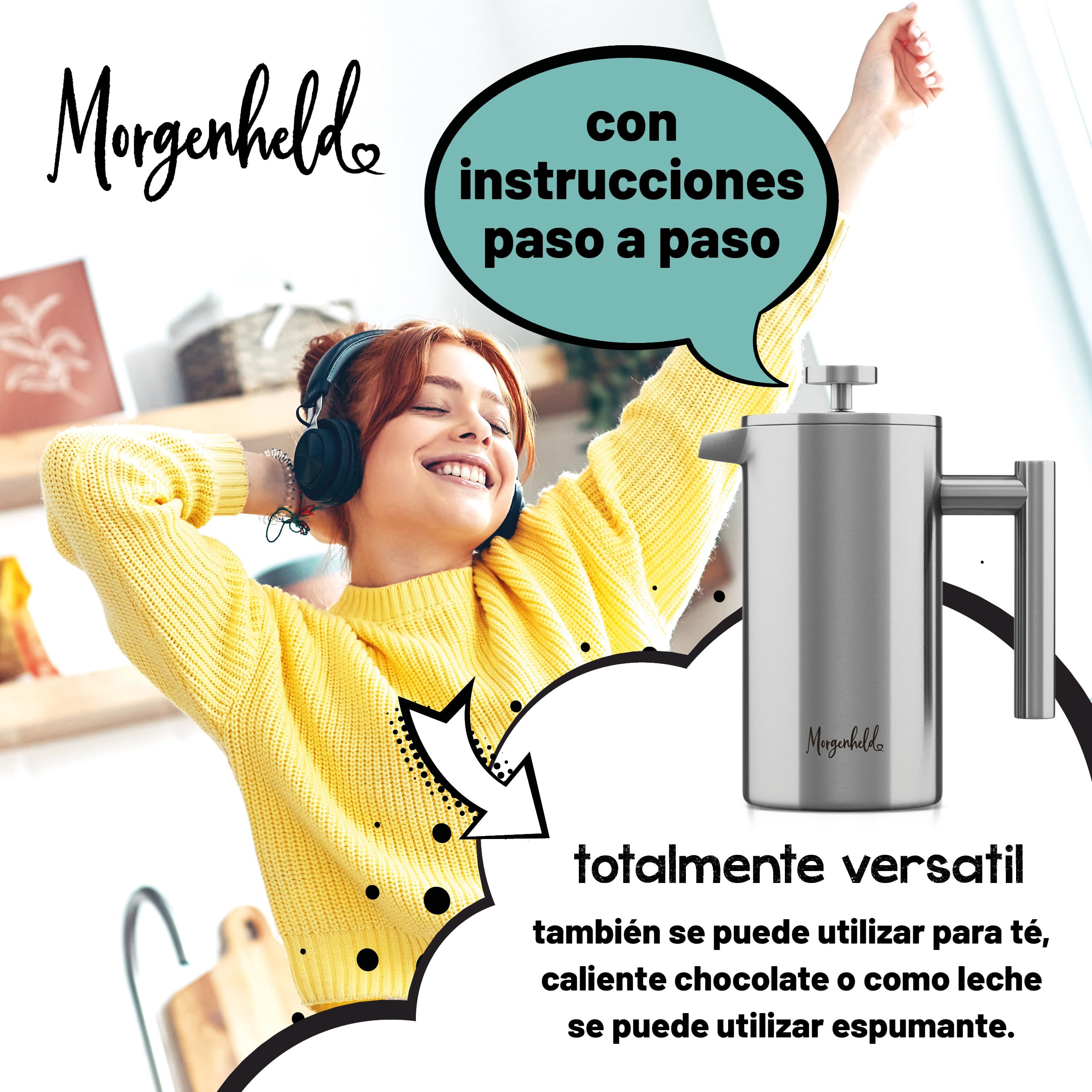 Morgenheld French Press de Acero Inoxidable 1000 ml – cafetera de émbolo 5 tazas con jarra térmica de doble pared – apta para inducción – con escala de medición interior