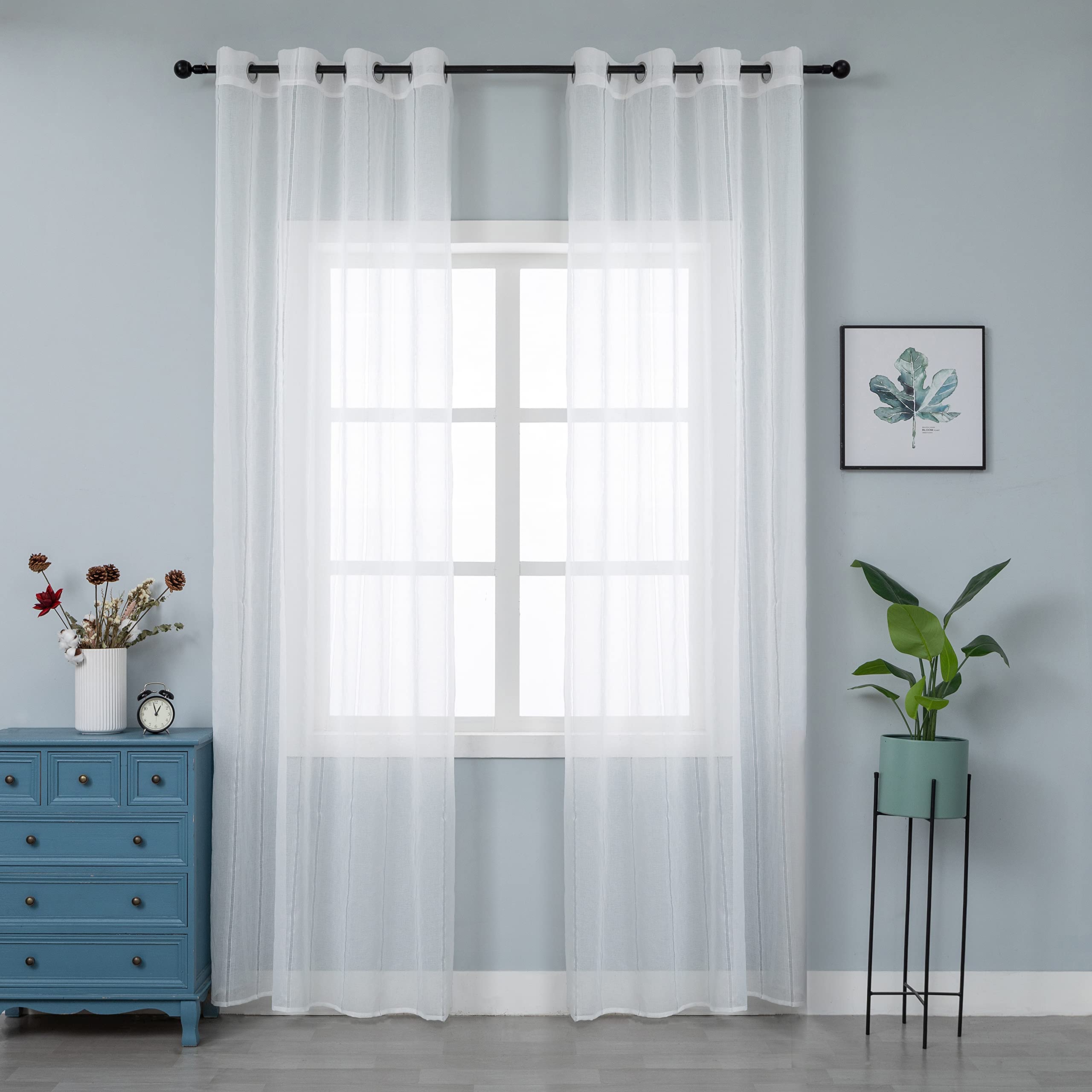 1 Paar Voile-Vorhänge in Leinenoptik, weiß, gestreift, für Wohnzimmer, Schlafzimmer, Balkon und Fenster im Innenbereich, 2 Vorhänge mit Ösen (Weiß, 140 x 290 cm)