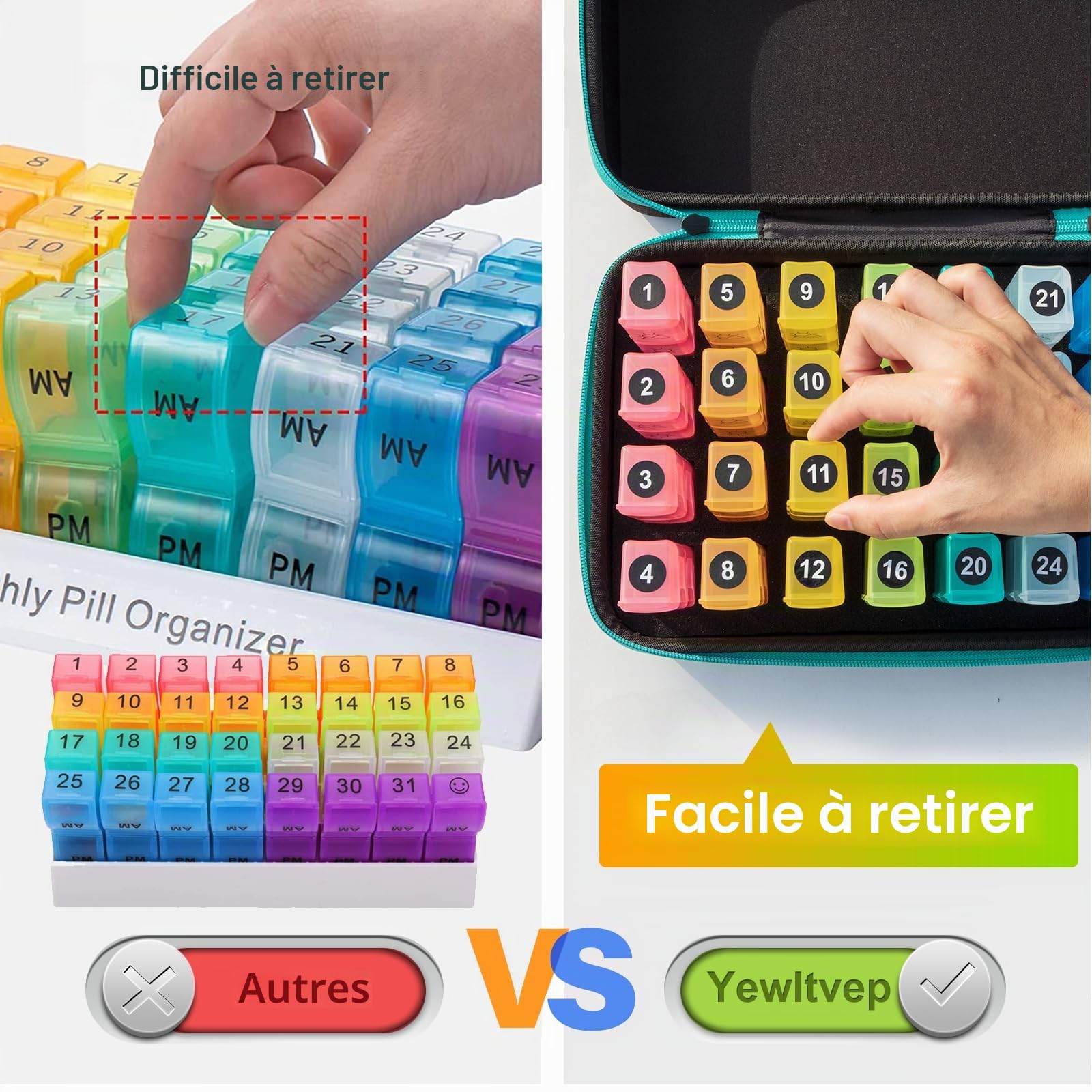 Pilulier mensuel 2 fois par jour, pilulier mensuel avec 32 compartiments quotidiens, pilulier de 30 jours avec étui de voyage rigide, étui à vitamines + sac de rangement portable pour 7 jours