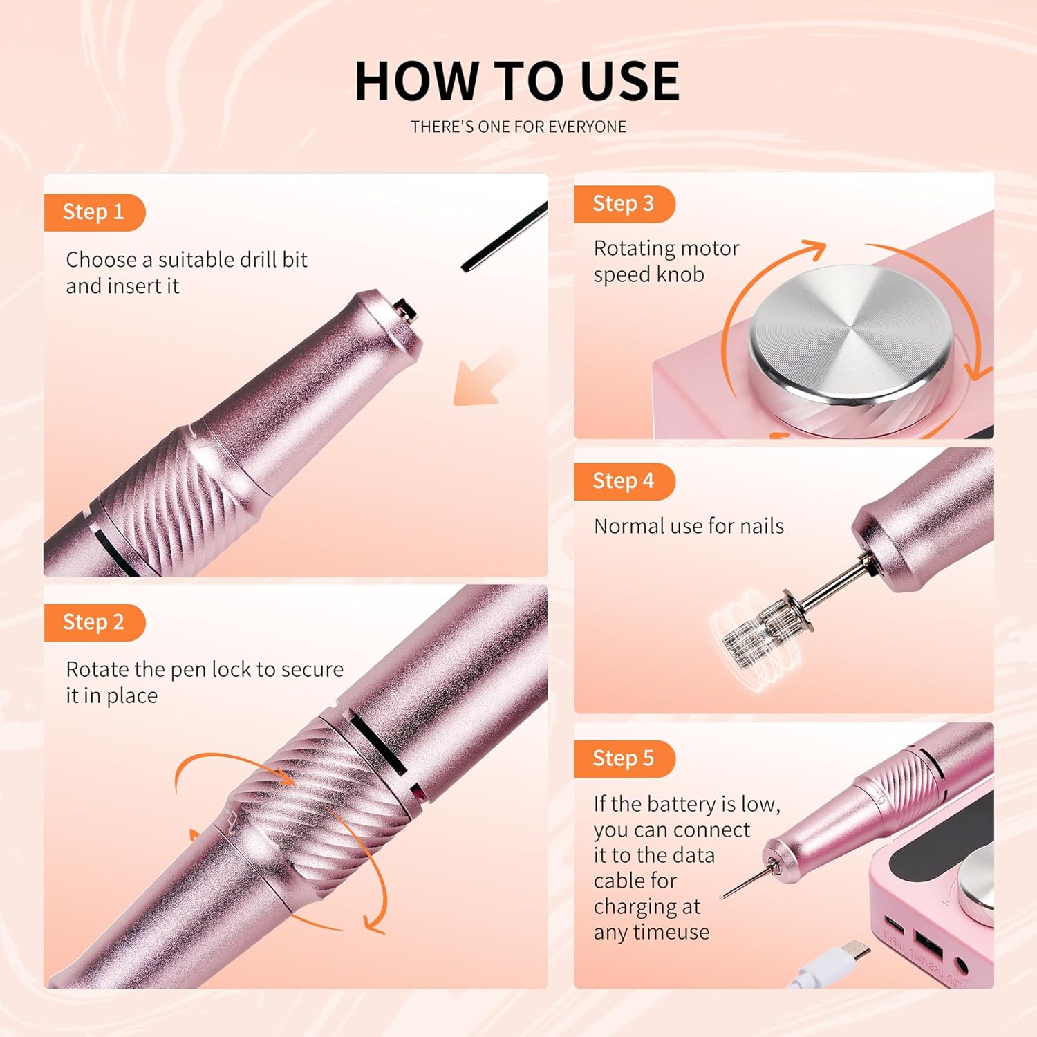 Cordless Electric Nail Drill Professional, Rechargeable Nail File Machine for Acrylic Nails & Gel Polish, Portable Manicure & Salon Nail Kit for Home Use (Pink)