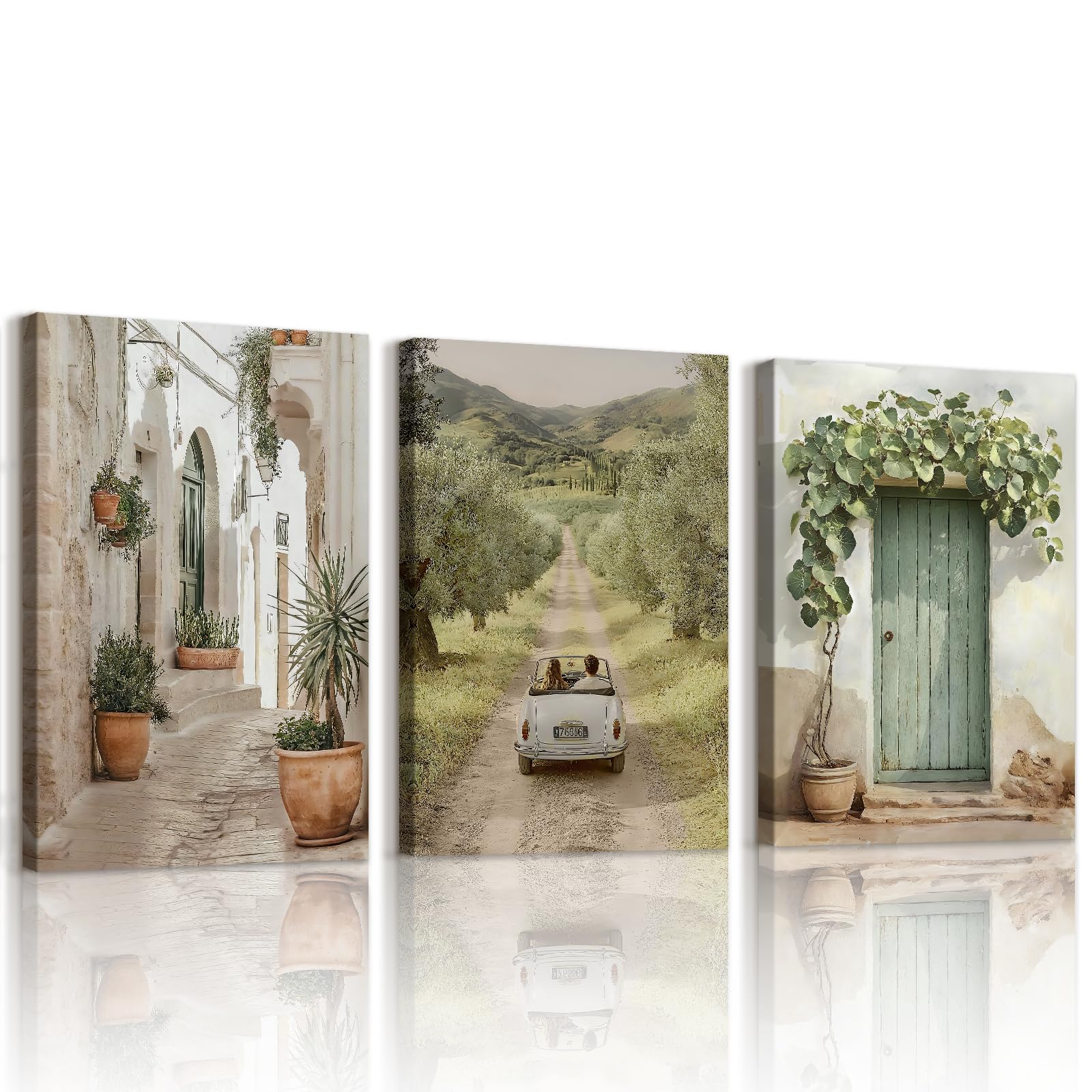 WENGTIAO Set of 3 Vintage Italy City Landscape Canvas Wall Art Prints Framed, Rustic Olive Green Tree Countryside Painting on Canvas for Living Room Bedroom Wall Decor 40x60cmx3