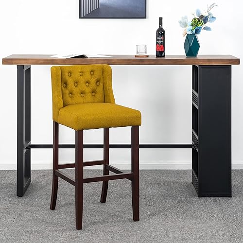 Miniatura 2 de Brage Living Taburete de bar de 30 pulgadas, taburete de bar de tela de lino con botones y patas de madera maciza, silla de bar tapizada sin brazos