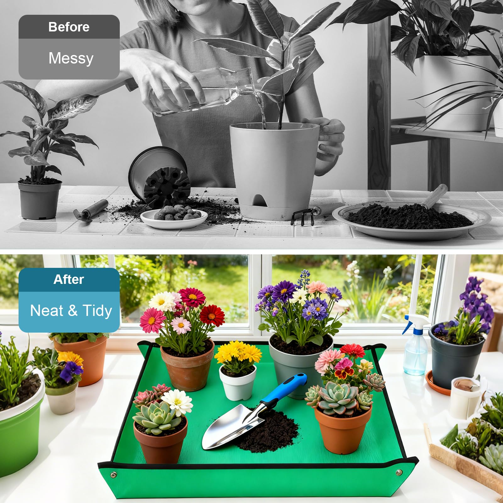 Kit Giardinaggio Completo 7 Pezzi in Alluminio Anti-Ruggine con Tappetino Rinvaso 75x75cm e Borsa 600D Oxford,Set Attrezzi da Giardino Professionali per Orto e Piante,Regalo Giardinaggio Donna Uomo